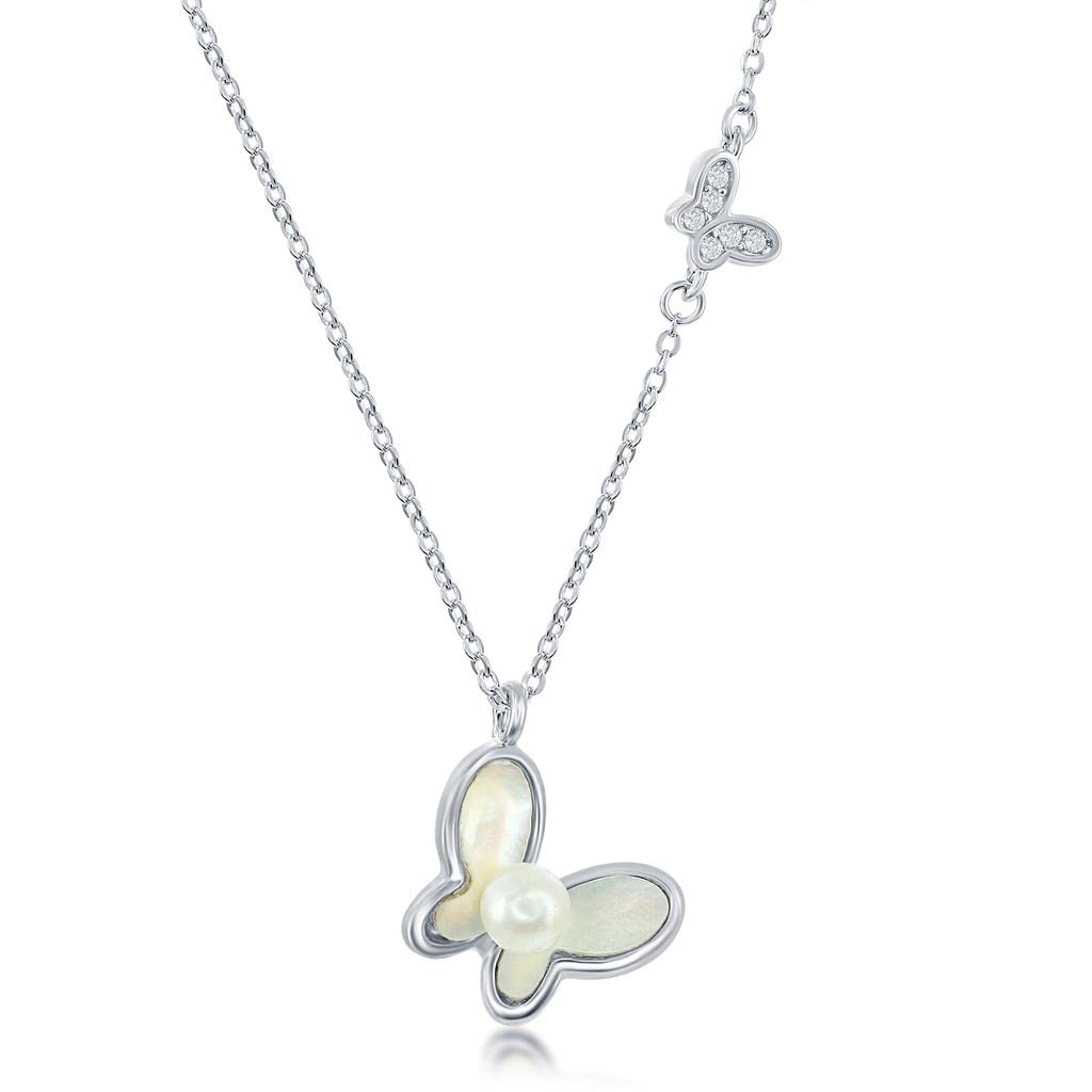 Pearl Butterfly Necklace with CZ Diamonds - Sterling Silver Jewelry for Women, Perfect for Parties & Gifts