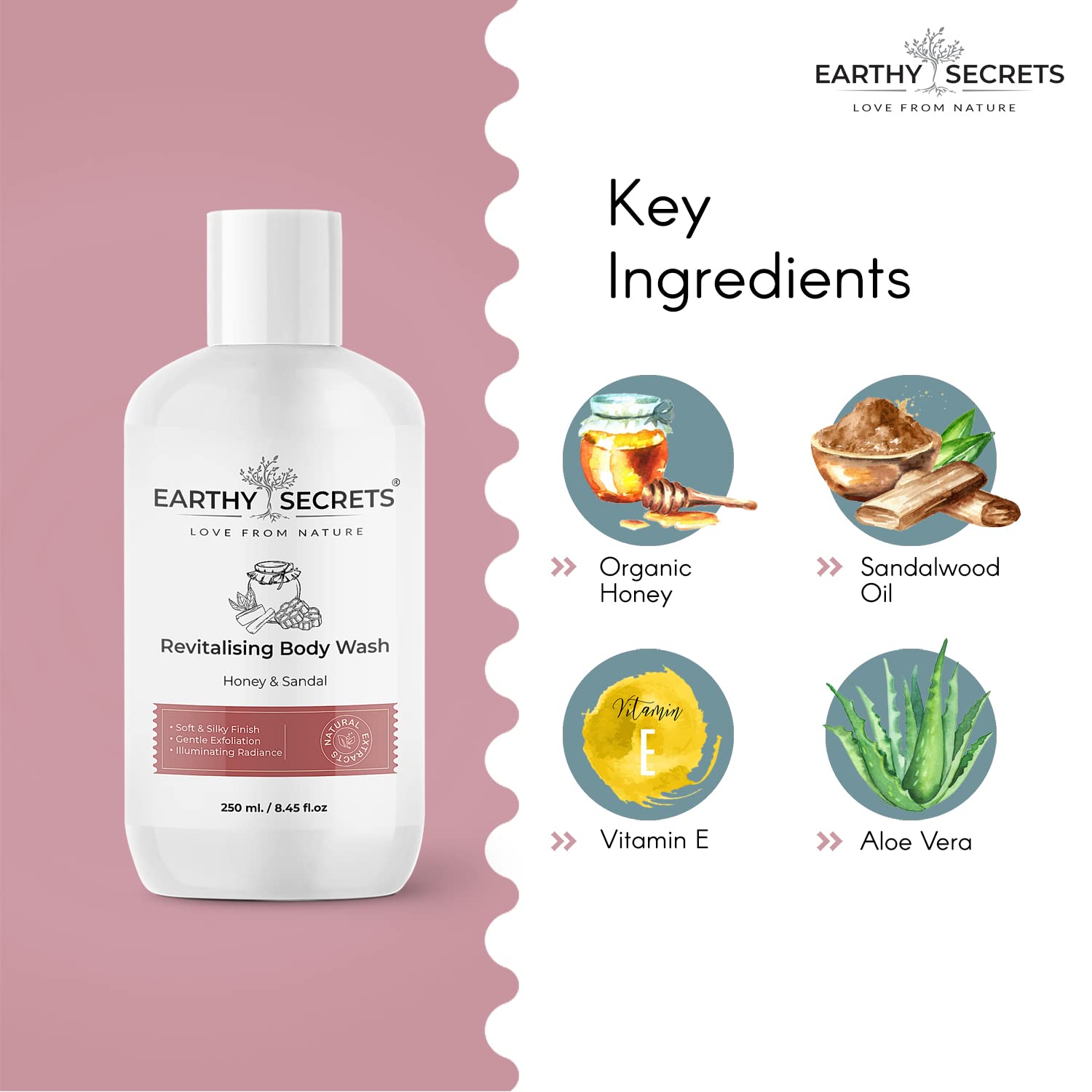 Earthy Secrets Honey & Sandalwood Revitalizing Body Wash - 250ml | Moisturizing, Gentle Exfoliation & Glowing Skin | Perfect for Daily Shower & Spa Relaxation