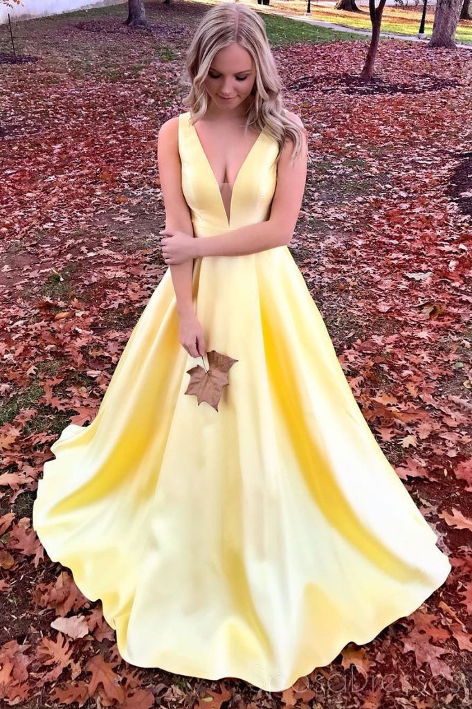 Elegant Yellow V-Neck A-Line Long Evening Prom Dresses for Women | Custom Party Gowns | Perfect for Homecoming, Prom Night & Formal Events