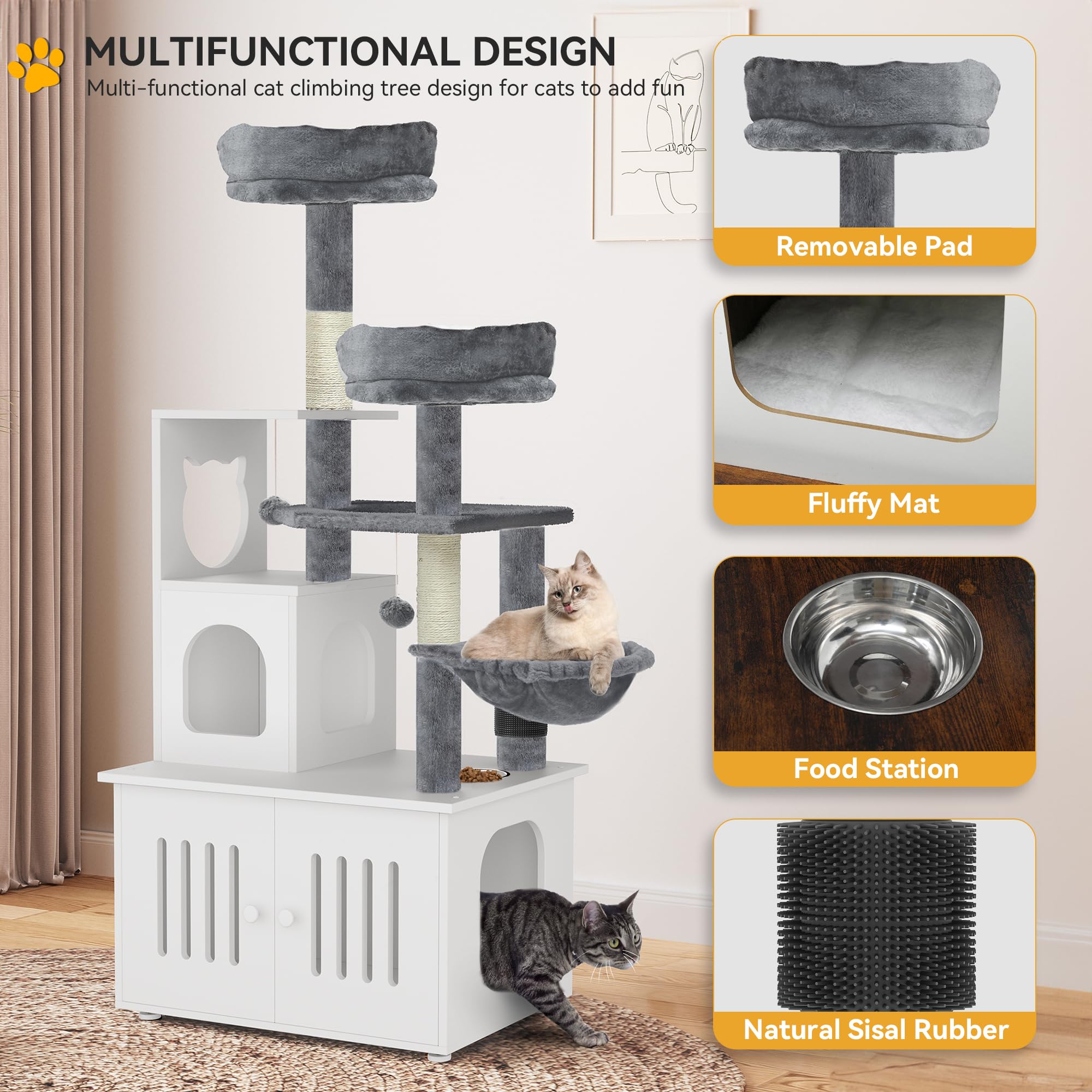 YITAHOME 59 Inch 2-in-1 Cat Tree with Litter Box Enclosure - Modern Cat Condo Tower with Wood House, Perch, Food Station, Hammocks & Scratching Post - Indoor Cat Furniture for Small Spaces & Multi-Cat Homes (White) - Perfect for Apartments, Living Rooms & Pet Play Areas