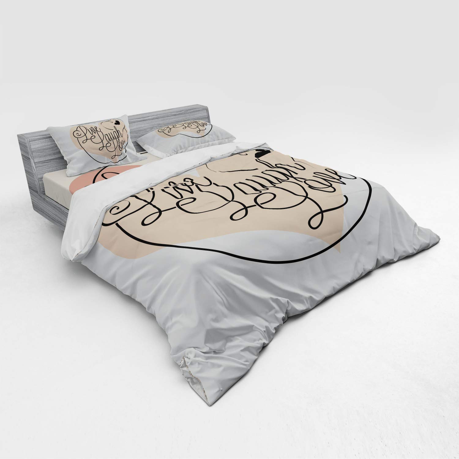 Ambesonne Live Laugh Love 4-Piece King Size Duvet Cover Set - Romantic Valentine's Day Themed Calligraphy Art with Hearts & Butterflies, Includes Shams & Fitted Sheet in Pale Pink, Black & White | Perfect for Master Bedroom, Guest Room & Anniversary Gifts