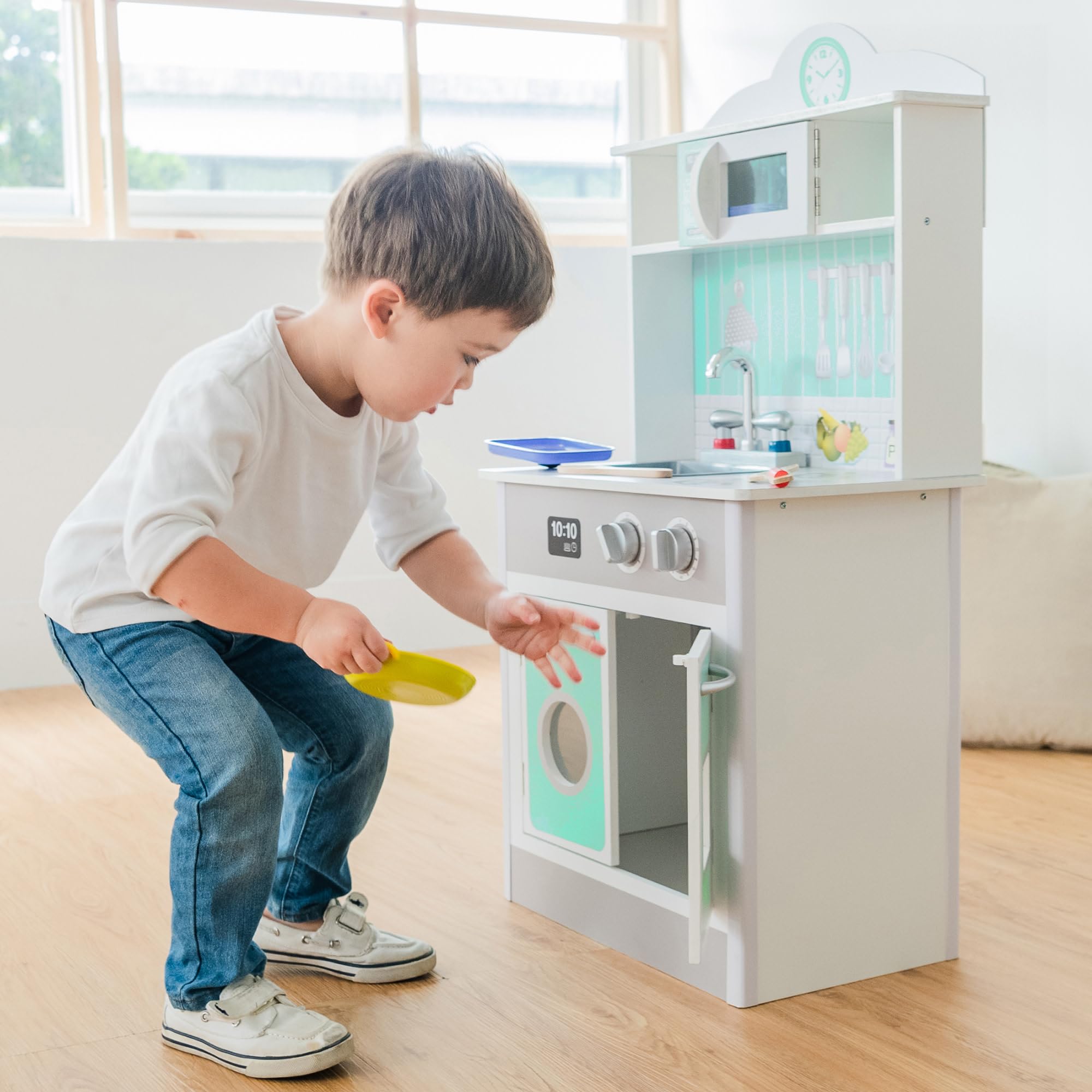 Teamson Kids Little Chef Madrid Classic Interactive Wooden Play Kitchen Set - Pretend Play Toy with Sink, Oven, Microwave & Storage - Easy Clean Gray & Mint Design - Perfect for Toddlers & Preschoolers Role Play, Birthday Gifts & Daycare Learning Activities