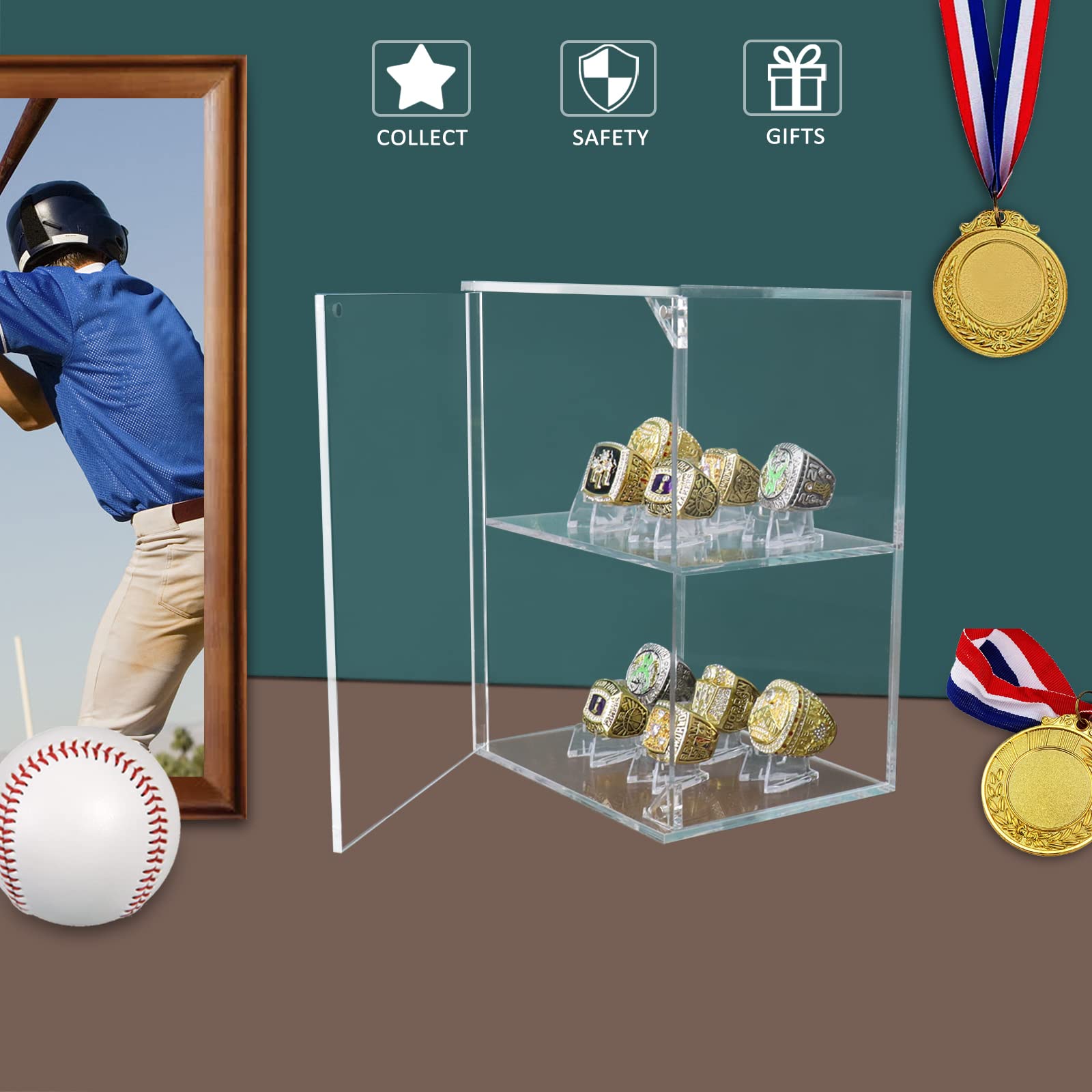 Championship Ring Display Case - Large Acrylic Baseball & Softball Ring Holder Box with 10 Fixed Stands - Perfect for Football, Sports, Cheerleading & Replica Rings - Ideal for Trophy Rooms, Sports Memorabilia Displays & Collector Showcases