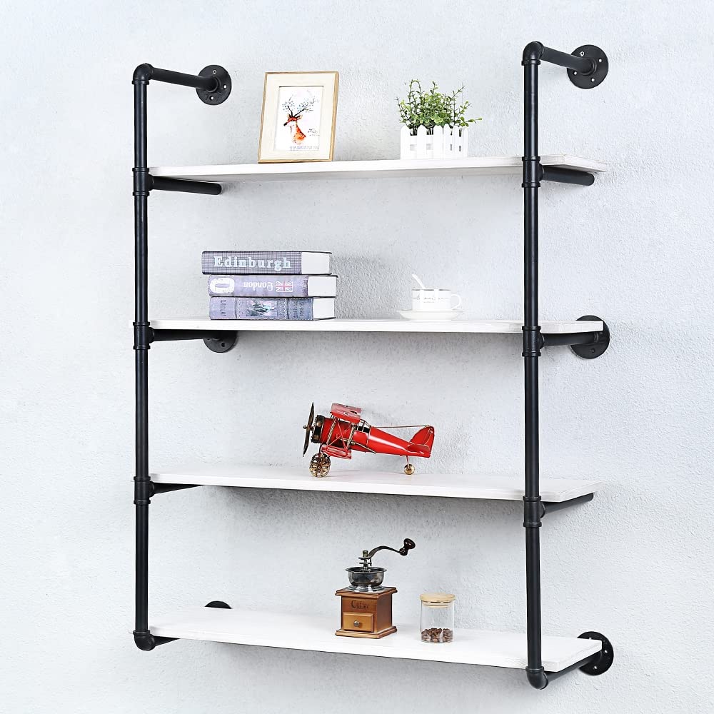Industrial Pipe Shelving Wall Mounted - 36in Rustic Metal Floating Shelves with Real Wood - Steampunk Style Bookshelf for Farmhouse, Kitchen & Bar (4-Tier) - Perfect for Home Office, Living Room & Bedroom Storage