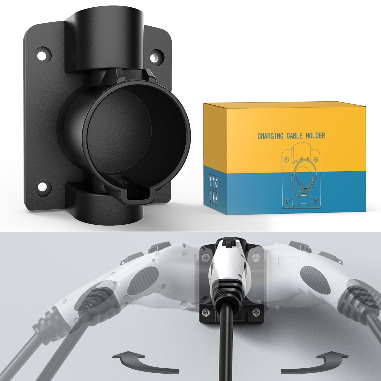 180° Swivel EV Charger Holder Wall Mount - J1772 Charger Nozzle Holster Dock with Rotatable Design for All J1772 Electric Vehicles - Perfect for Home, Garage & Public Charging Stations