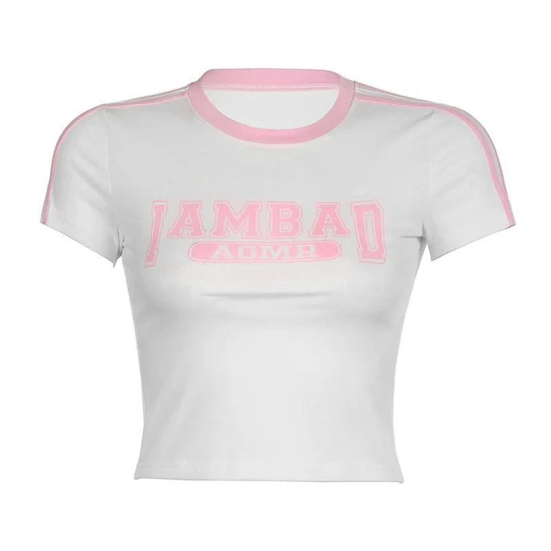 Vintage 2000s Y2K Baby Tee for Women - Pink Letter Graphic Print Casual Crop Top | Summer Fashion T-Shirt | Perfect for Music Festivals, Beach Outings & Retro Parties