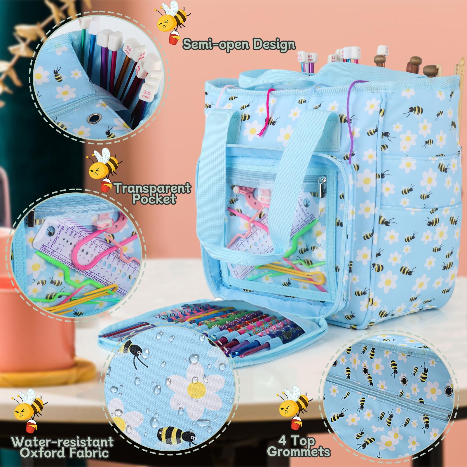 Coopay Portable Crochet Bag Organizer - Yarn Storage Case for Crochet Hooks, Knitting Needles & Supplies | Bees & Flowers Design | Perfect for Crafting, Travel & Home Organization