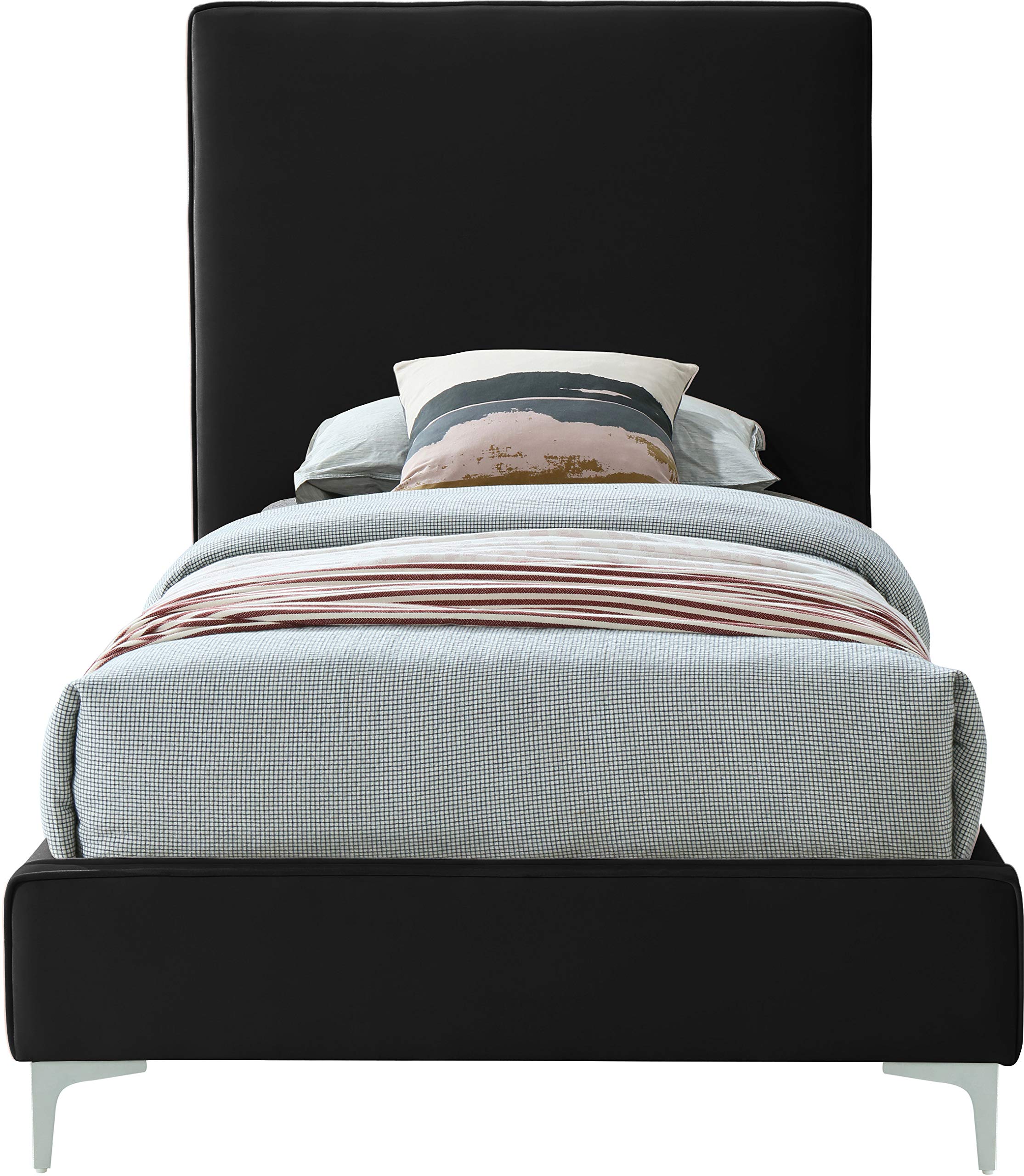 Modern Velvet Upholstered Bed with Gold/Chrome Headboard - Twin Size Black Bed Frame for Contemporary Bedrooms | Meridian Furniture Geri Collection
