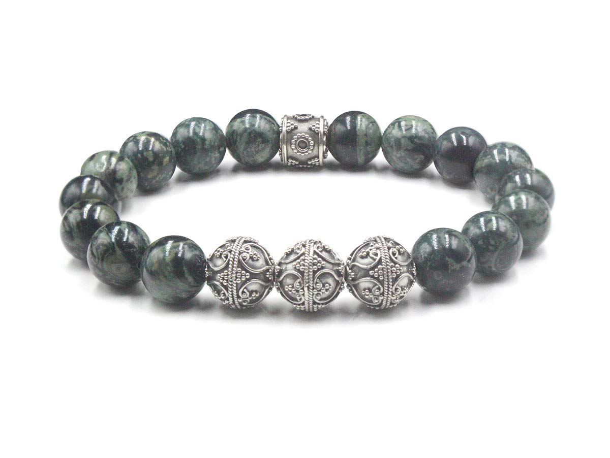 Natural Dark Green Nephrite Jade & Sterling Silver Men's Bracelet - 10mm Round Gemstone Beads for Spiritual Healing, Meditation & Fashion Accessories
