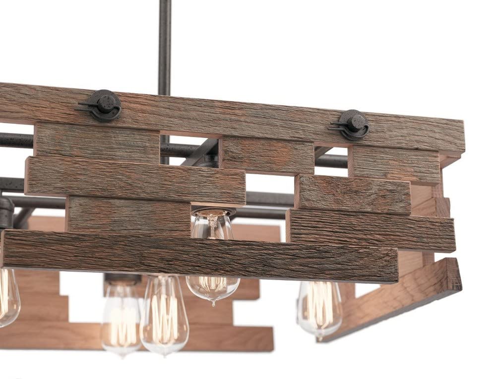 5-Light Rustic Reclaimed Wood Pendant Light Fixture with Anvil Iron Finish - Farmhouse Dining Room, Kitchen Island, Bar Lighting for Home Decor