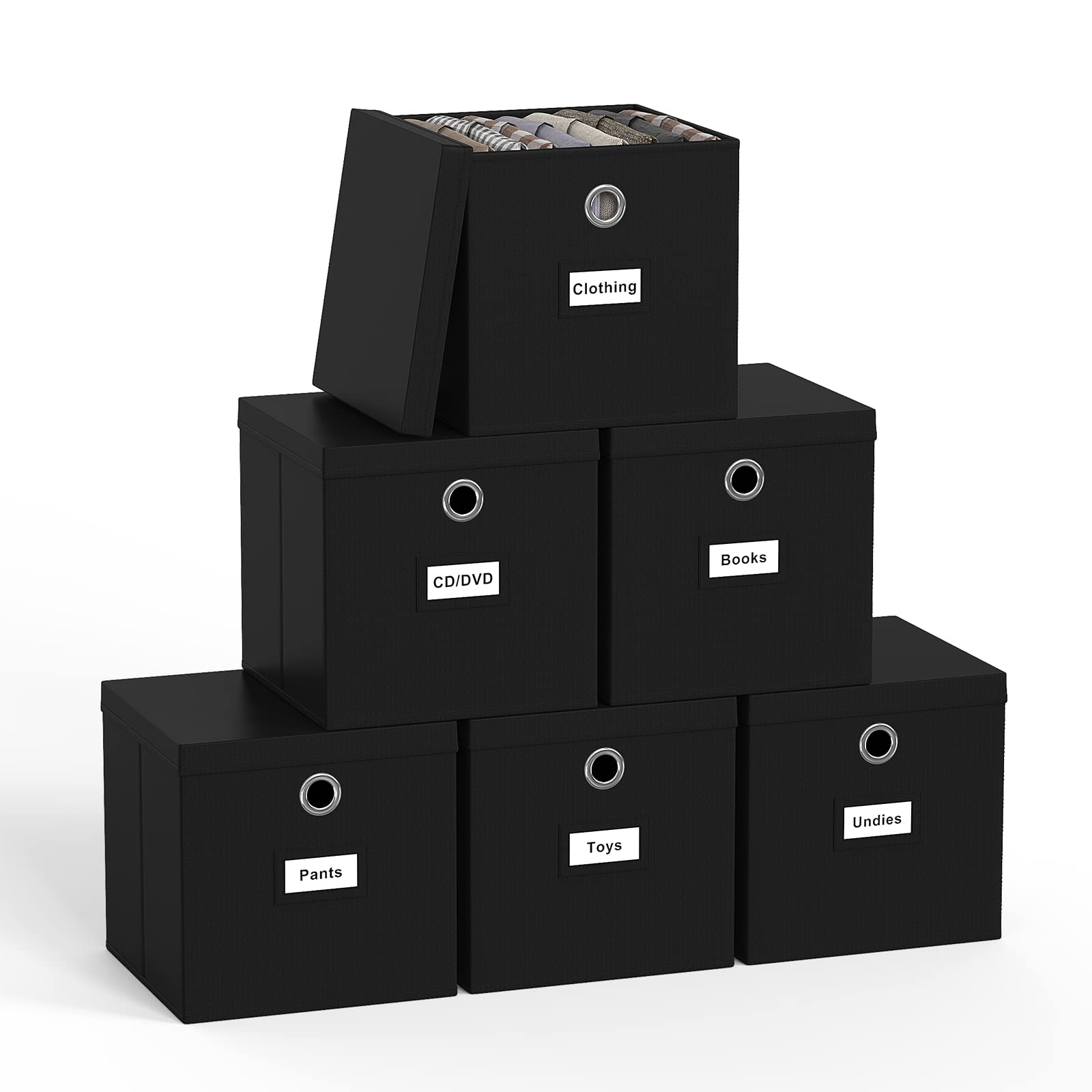 Pezin & Hulin 6-Pack Collapsible Fabric Storage Cubes with Lids - Foldable Closet Organizer Bins (11x11x11 Inches, Black) | Home Organization for Bedroom, Nursery, Office & Laundry Room Storage Solutions