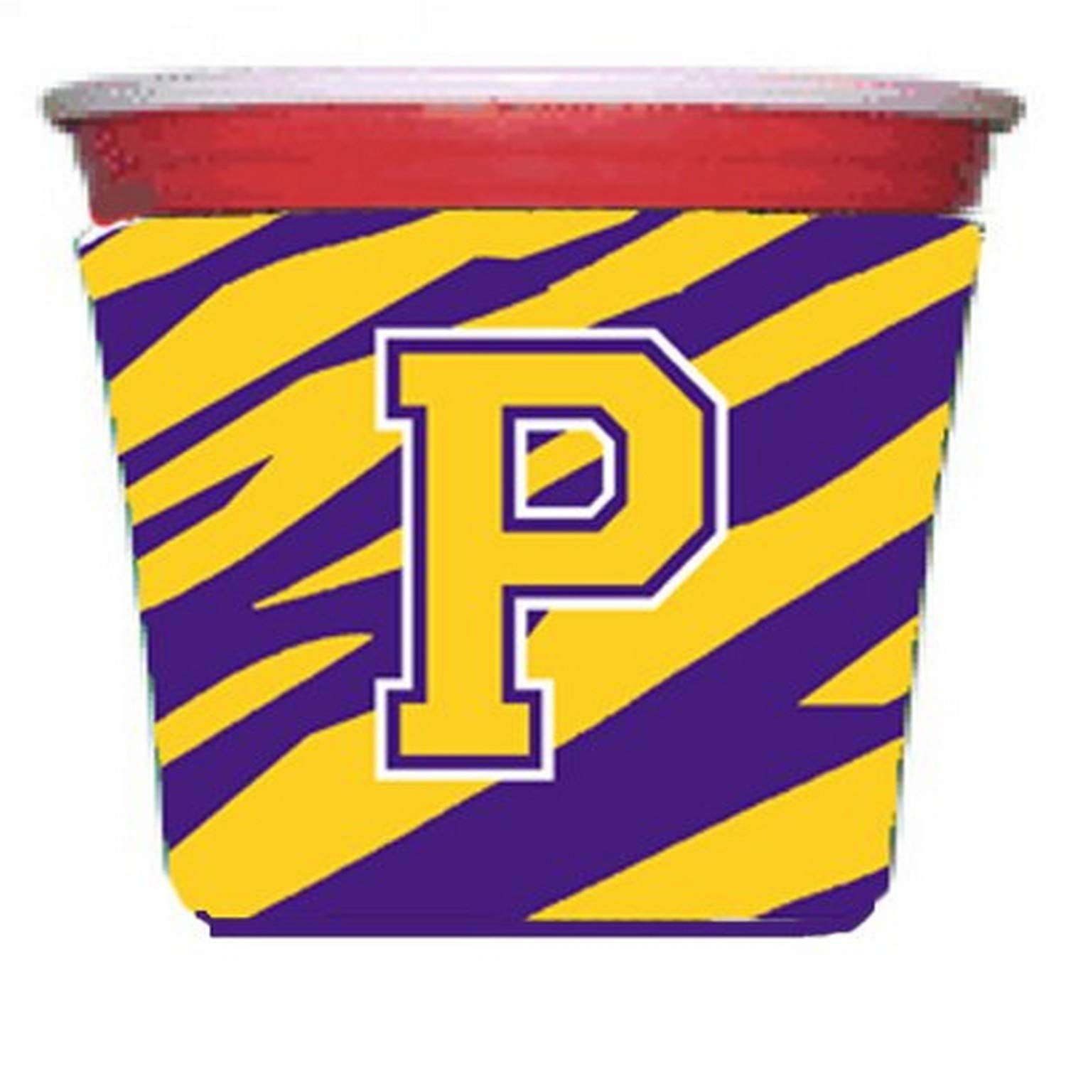 Purple and Gold Letter P Monogram Tiger Stripe Red Solo Cup Insulator - Custom Initial Drink Hugger for Parties, BBQs, and Tailgating
