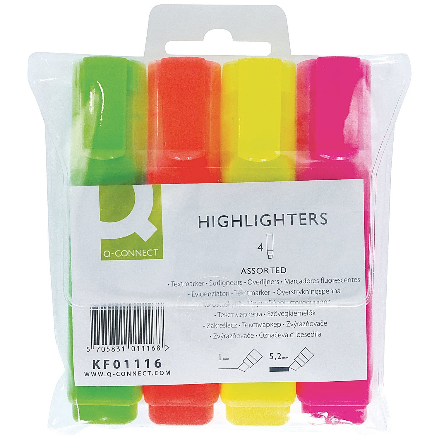 Q-Connect Assorted Highlighter Pens - Pack of 4 Vibrant Colors for Office, School & Study Notes | KF01116