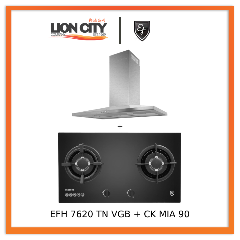 EF CK Mia 90 90cm Stainless Steel Chimney Hood with EFH 7620 TN VGB Glass Hob - Modern Kitchen Ventilation System for Home Cooking & Smoke Extraction