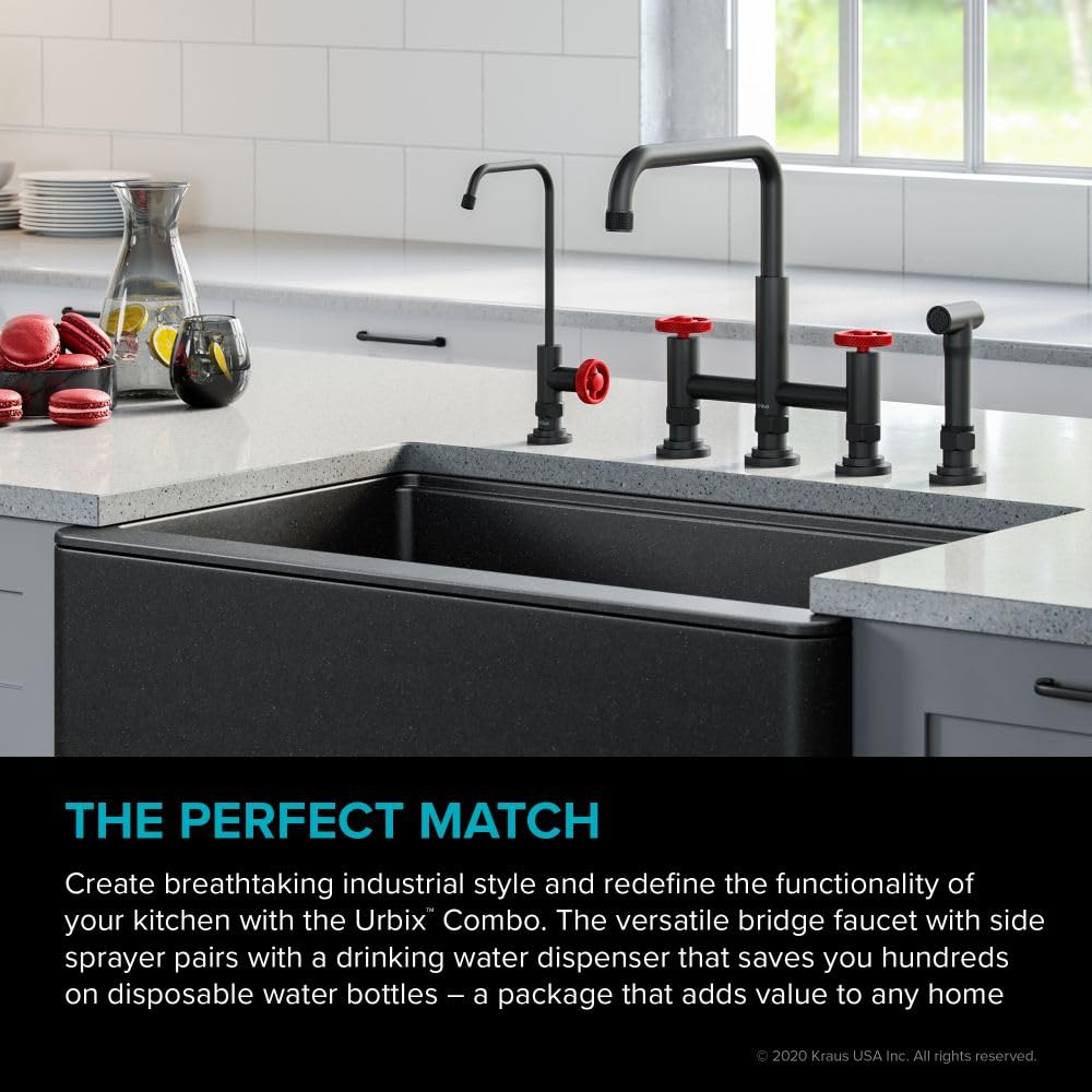 KRAUS Urbix Industrial Bridge Kitchen Faucet with Water Filter - Matte Black & Red Finish | KPF-3125-FF-101MBRD | Perfect for Modern Farmhouse & Industrial Style Kitchens