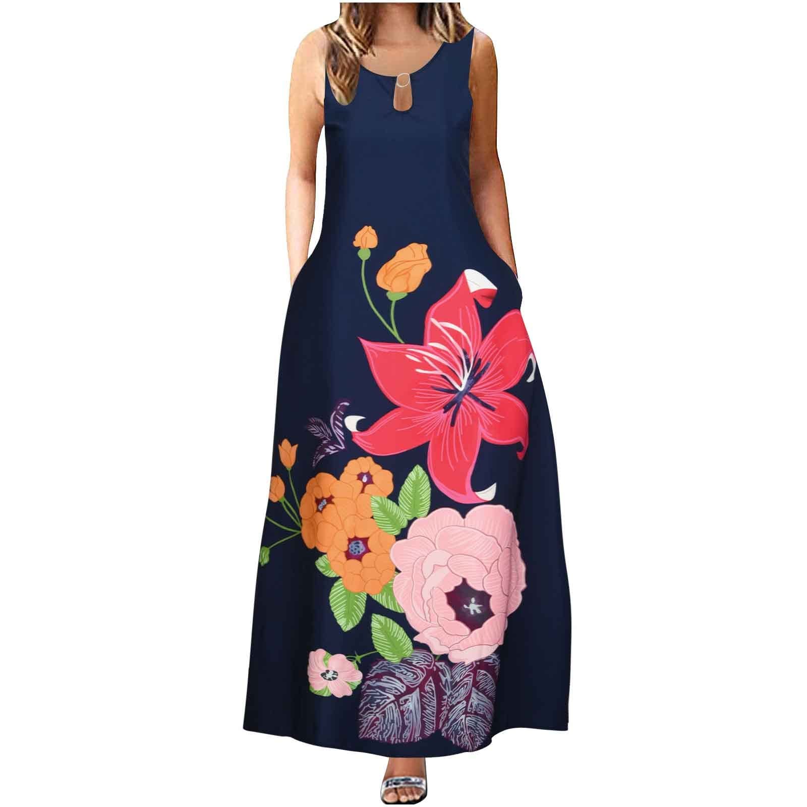 Women's Summer Floral Sun Dress - Round Neck Sleeveless Loose Swing Hem Tunic with Pockets | Beachwear, Vacation Outfit, Casual Maxi Dress for Outdoor Activities