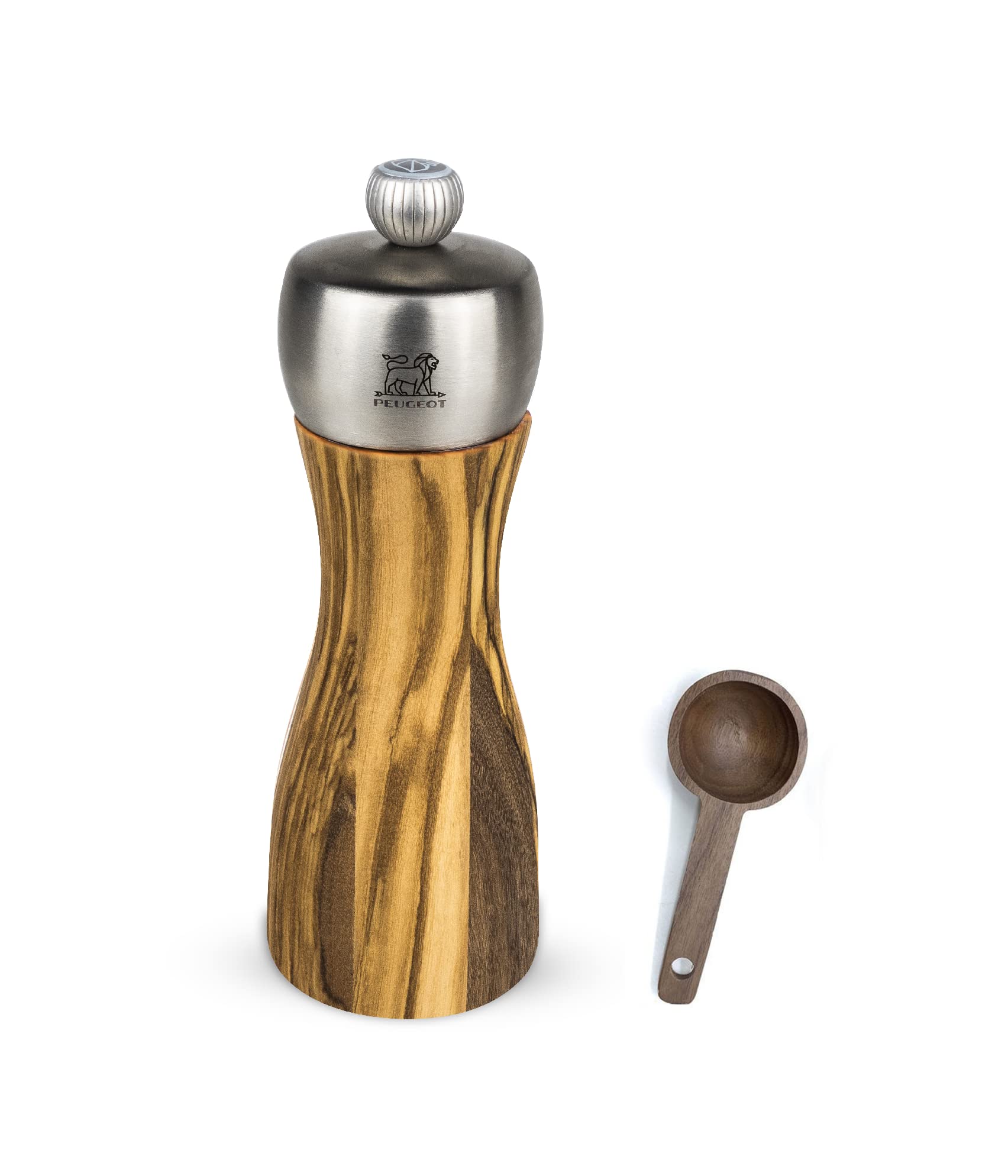Peugeot Classic Fidji Olive Wood Salt Mill & Pepper Grinder Set with Spice Scoop - 15cm Premium Wooden Kitchen Gift for Cooking & Dining - Perfect for Home Chefs, Wedding Registry & Housewarming Gifts