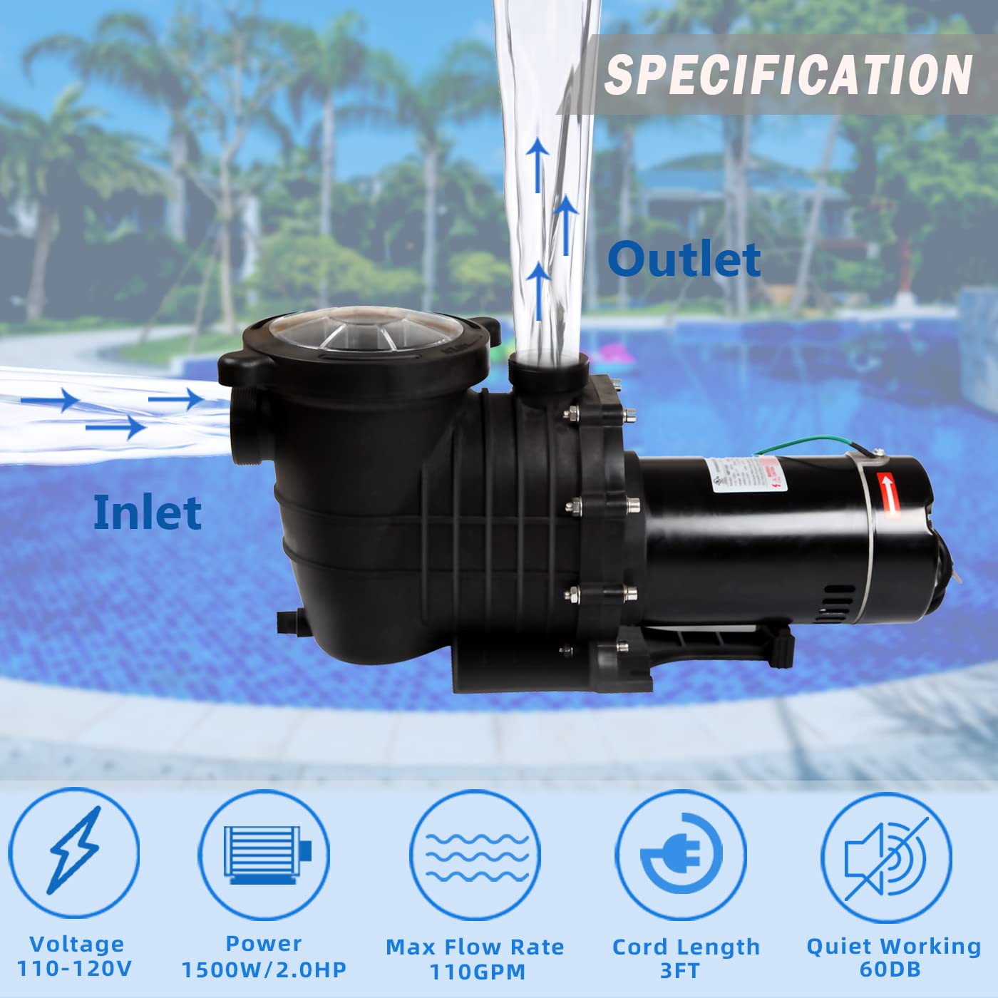 TOPWAY 2HP 110V Swimming Pool Pump 111GPM - High Performance Water Pump for Inground & Above Ground Pools, Garden Filtration System - Perfect for Backyard, Residential & Commercial Pool Maintenance