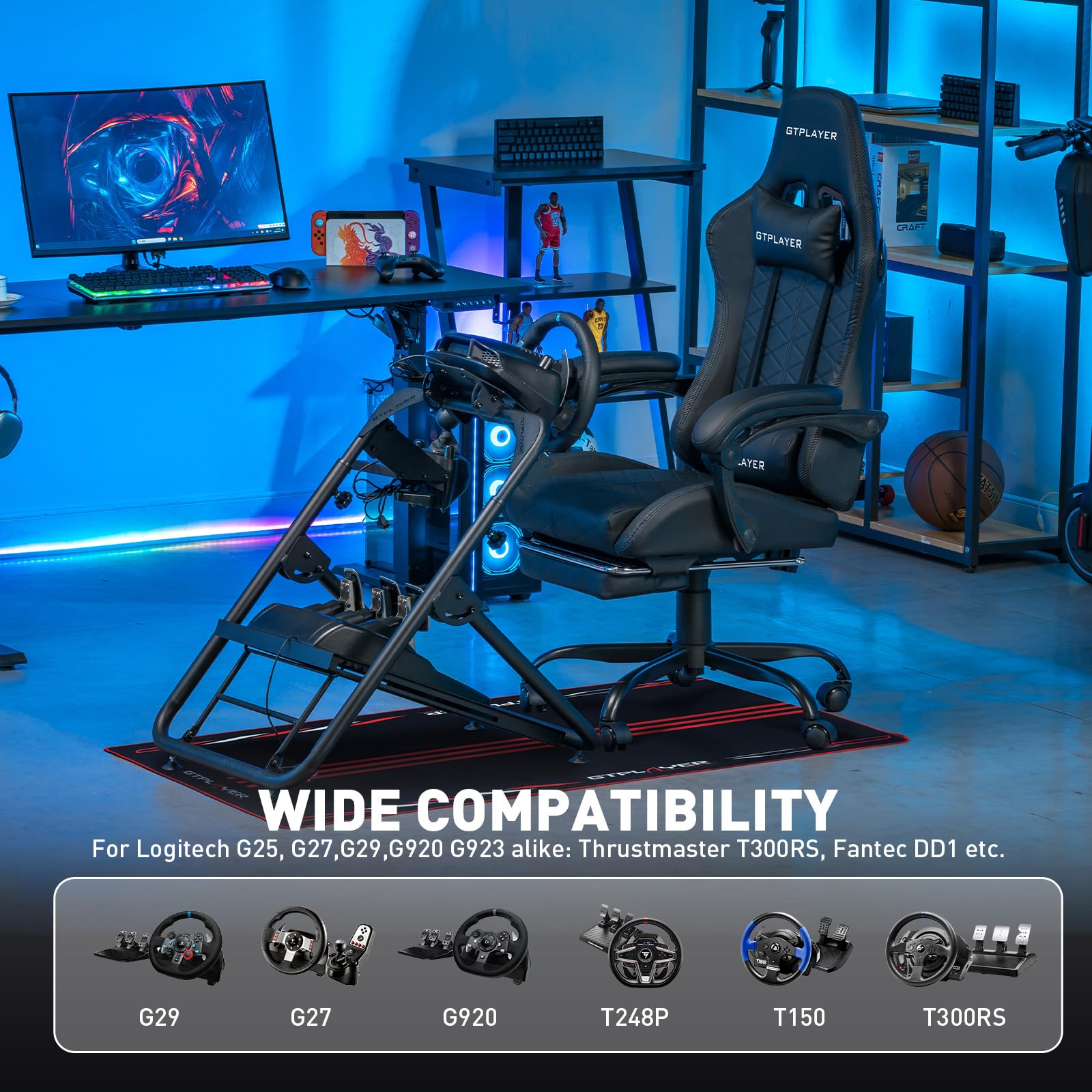 GTPLAYER Sim Racing Steering Wheel Stand - Compatible with Logitech G920 G923 G29 G25 G27 & Thrustmaster T300RS T300GT T500RS TGT TS - Foldable Design with Shifter Mount & Tilt Adjustment (Wheel & Pedals Not Included) - Perfect for Home Racing Simulator Setup & Gaming Enthusiasts