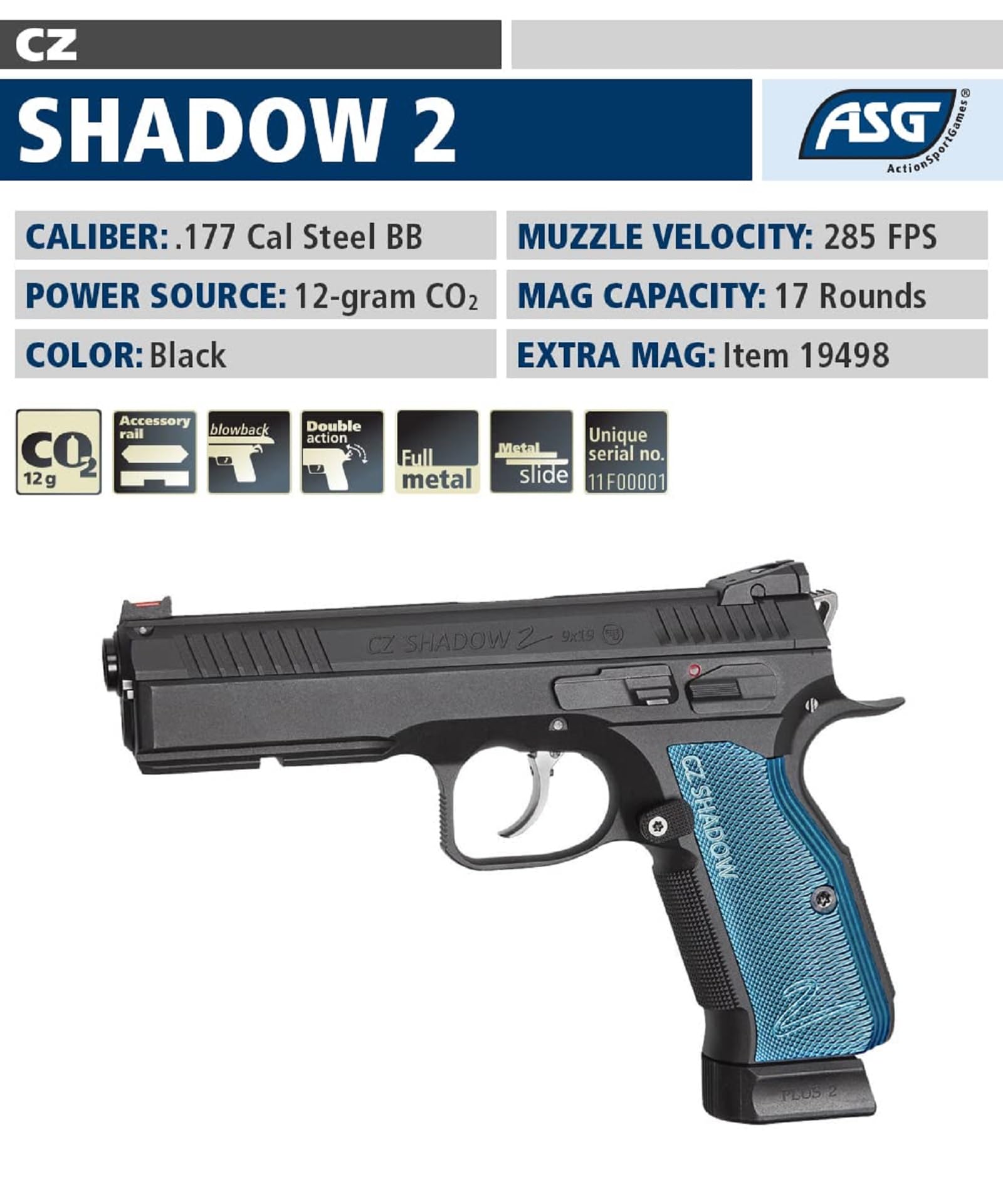 ASG CZ Shadow 2 CO2 BB Air Pistol - Realistic Airgun for Target Practice, Training & Outdoor Shooting Sports