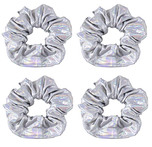 4 Pack Metallic Bronze Hook and Loop Fastener Scrunchies - Shiny Hair Ties & Ponytail Holders for Girls, Women - Gym, Dance, School, Stage, Sleep & Everyday Use (Silver)