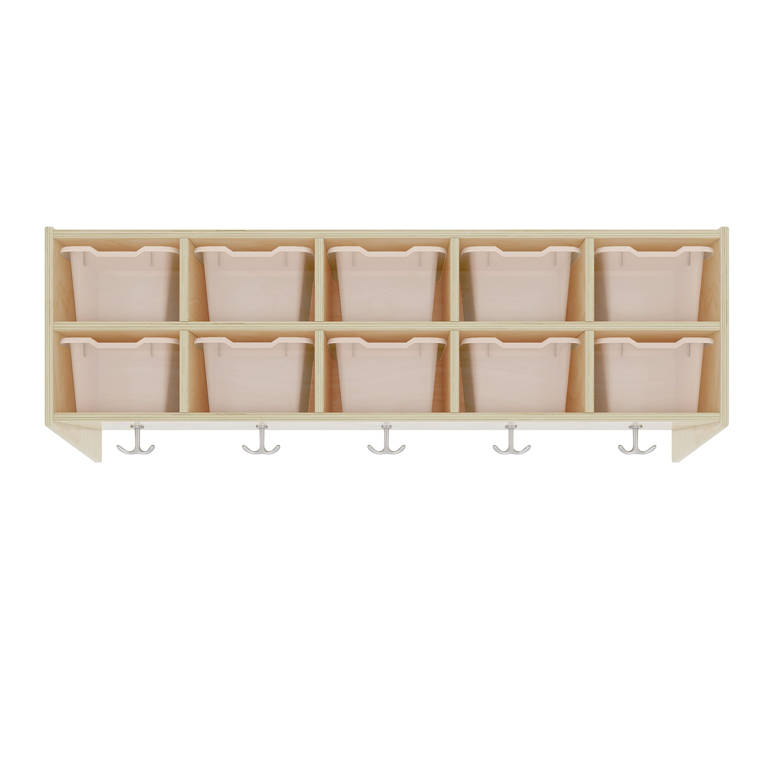 ECR4Kids Birch Streamline 10-Section Wall Mounted Coat Locker with Storage Bins - Space-Saving Kids Organizer with Hooks for Daycare, Classroom & Home Storage - Perfect for Coats, Backpacks & School Supplies