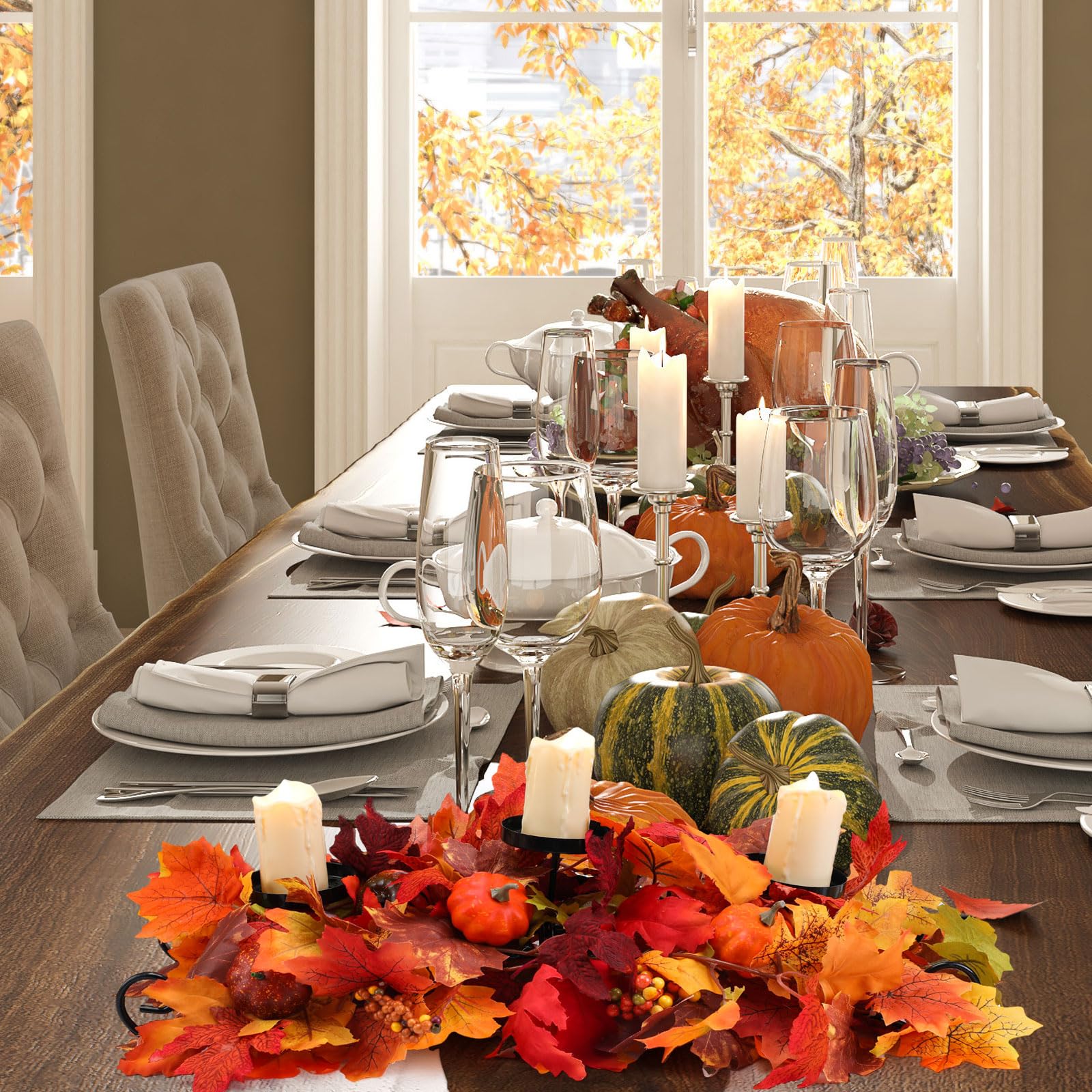 Maple Leaf Candle Holder Centerpiece with Pumpkin & Berries - Fall Thanksgiving Table Decor for Autumn Harvest (Bright Style) | Perfect for Dining Table Centerpieces, Thanksgiving Decorations & Seasonal Home Decor