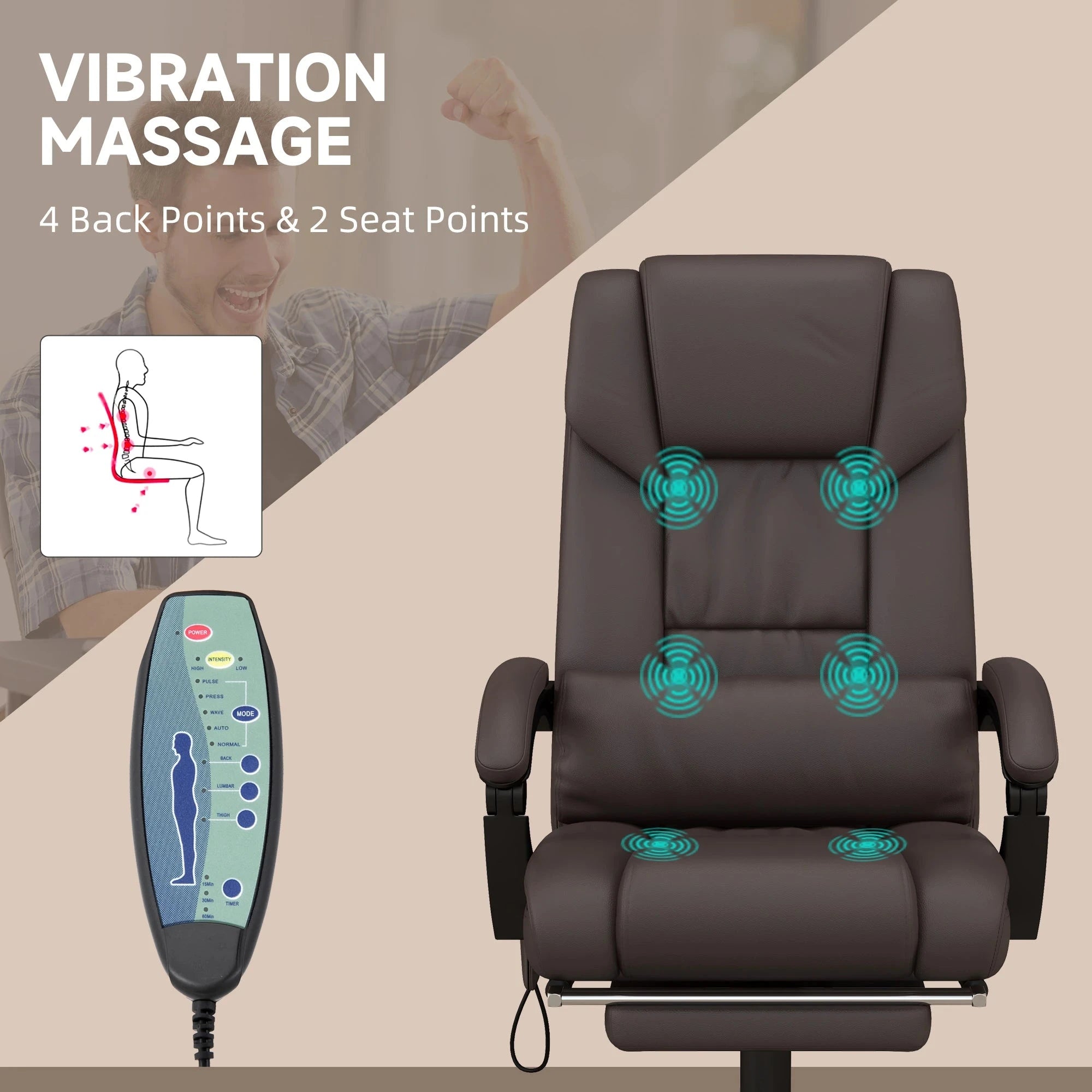 6-Point Vibration Massage Faux Leather Office Chair - Brown Ergonomic Executive Chair for Home & Office Use - Perfect for Long Work Hours & Back Pain Relief