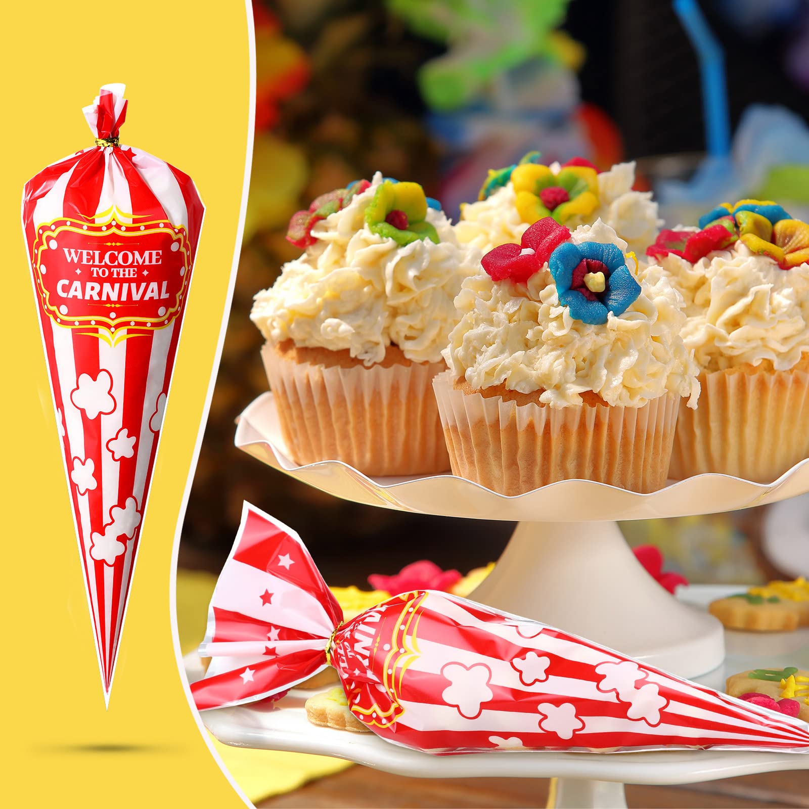 120 Pcs Carnival Party Bags - Red & White Cone Shaped Goody Bags with Gold Twisted Ties for Candy, Popcorn & Party Favors | Perfect for Circus Themed Decorations, Birthday Parties & Carnival Events