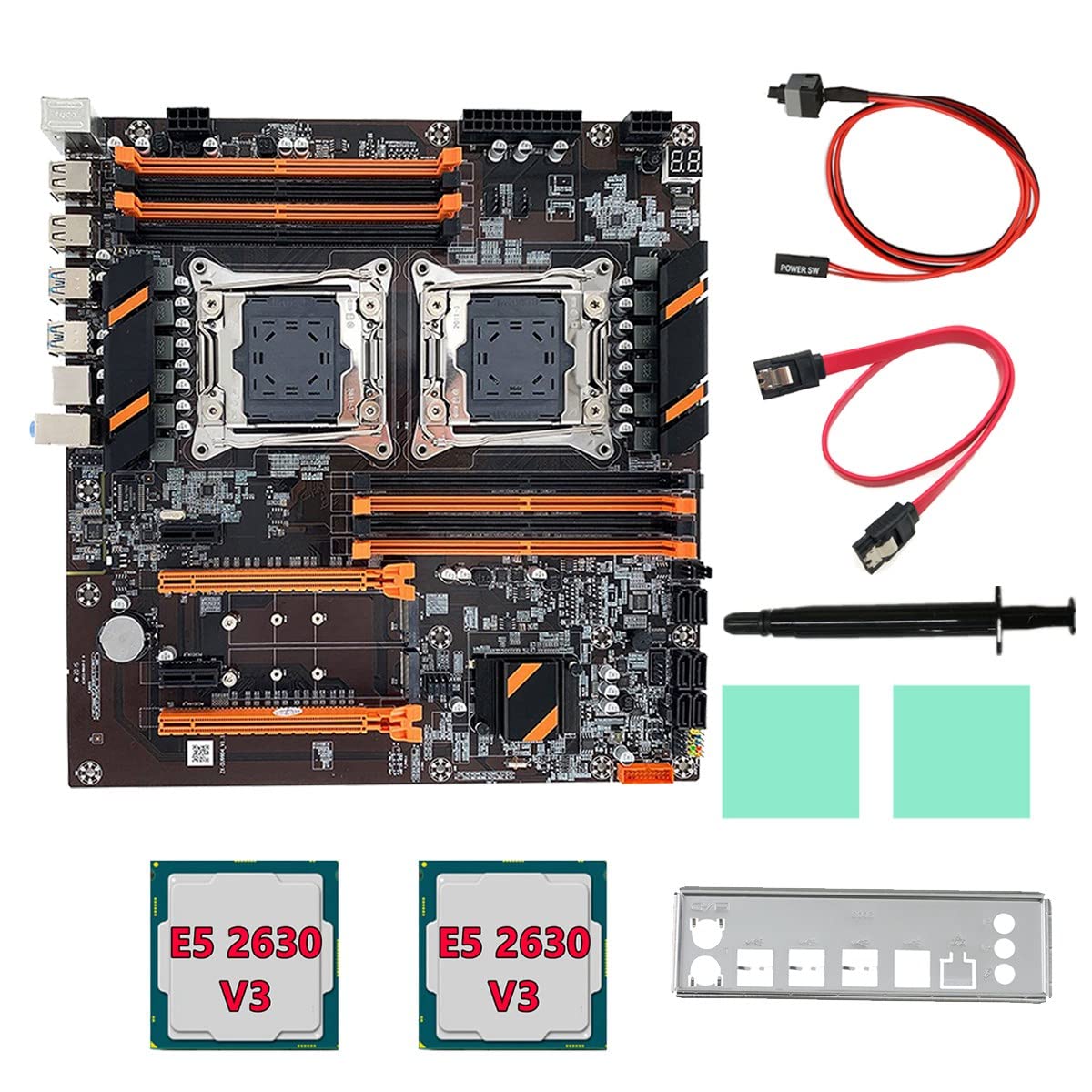 Lanlousy X99 Dual Motherboard with 2x Xeon E5-2630 V3 CPUs, SATA Cable, Baffle & Thermal Grease - LGA 2011 Socket, 8x DDR4 Slots, Supports 2011-V3 CPUs - Perfect for High-Performance Workstations, Gaming Rigs & Server Builds