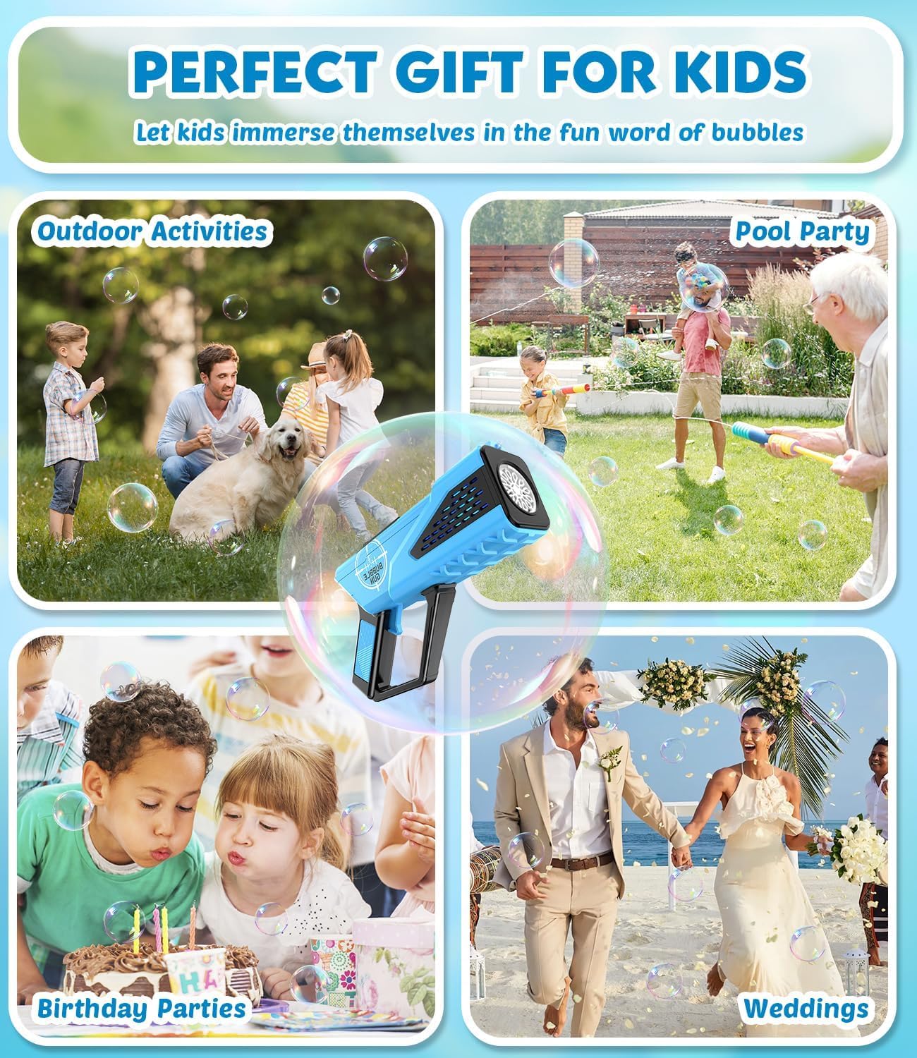 Rechargeable Bubble Blaster Gun for Kids - Automatic Bubble Machine Toy for Toddlers, Boys & Girls Ages 3+ | Outdoor Play, Birthday Party Favors, Easter Basket Stuffers | Fun Summer Backyard & Park Activities Gift