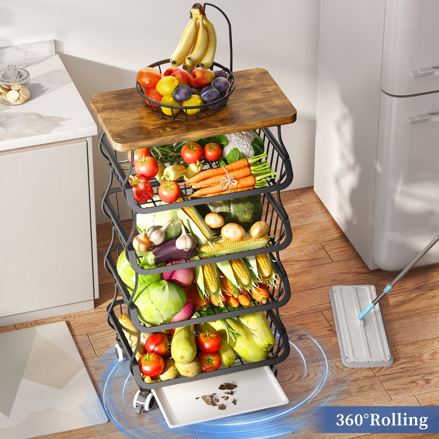 Wooden Top Metal Wire Basket Stand - Stackable Kitchen Pantry Organizer for Fruits, Vegetables, Snacks, Jars & Containers | Black Storage Cart for Home, Office or Restaurant Use