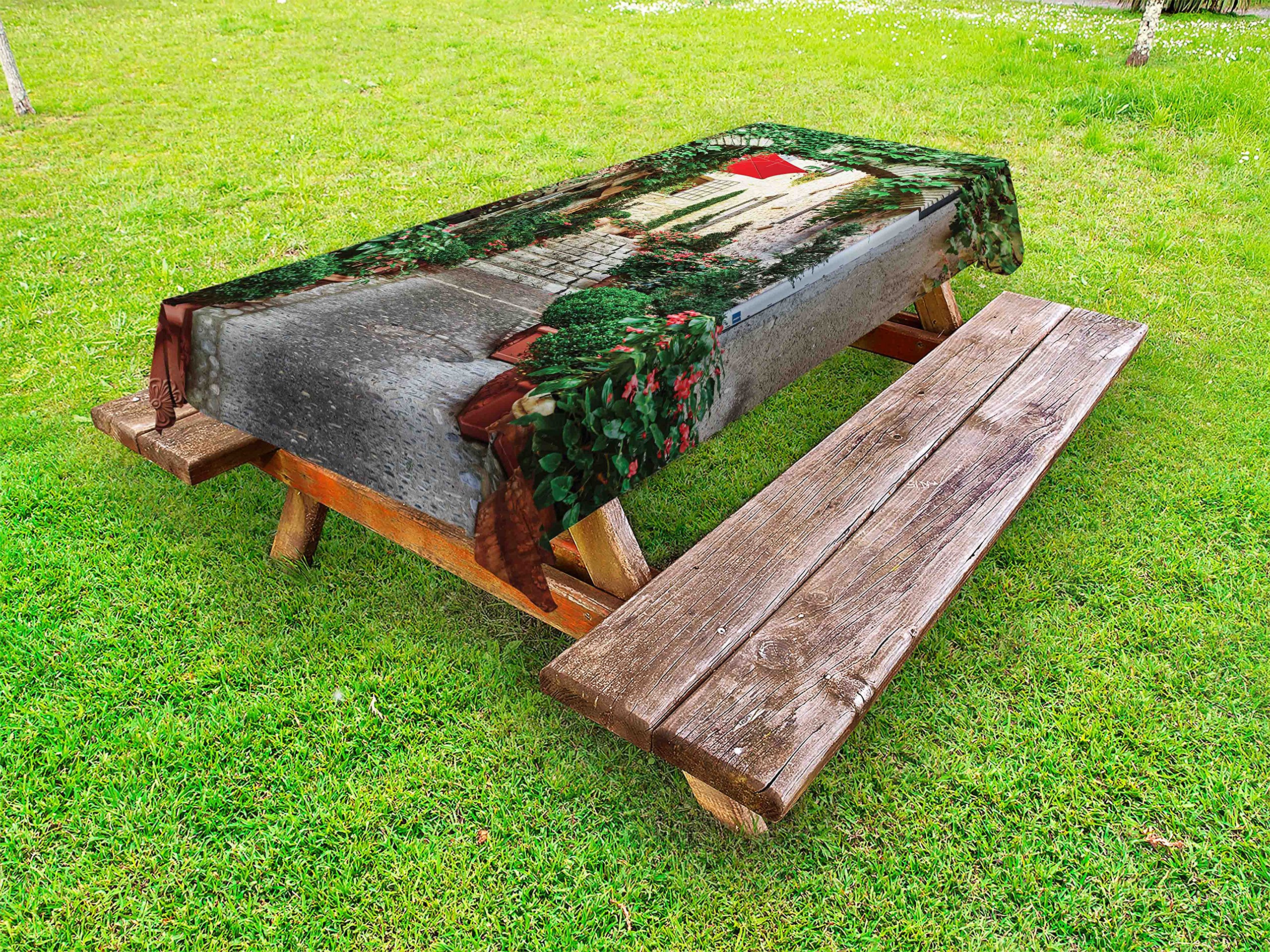 Ambesonne Mediterranean Outdoor Tablecloth - Narrow Street with Flowers Rural Wine Town in Southern France Provinces Print, Decorative Washable Picnic Table Cover 58