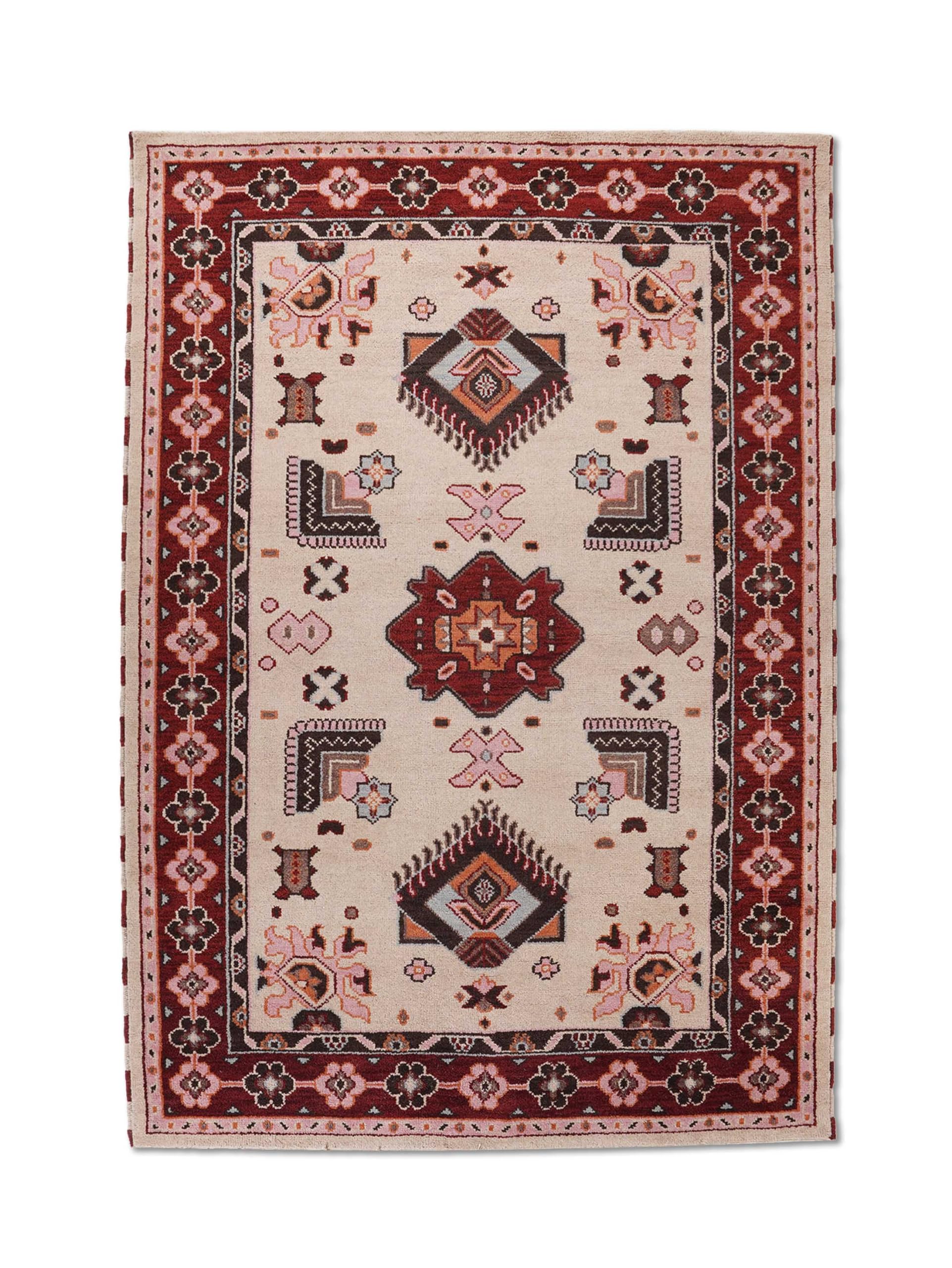 Hand Knotted Wool & Silk Eco-Friendly Oriental Area Rug 5'x8' Rectangle - Cream & Red Traditional Design, Medium Pile Handmade Rug (AF0121) for Living Room, Bedroom & Home Decor