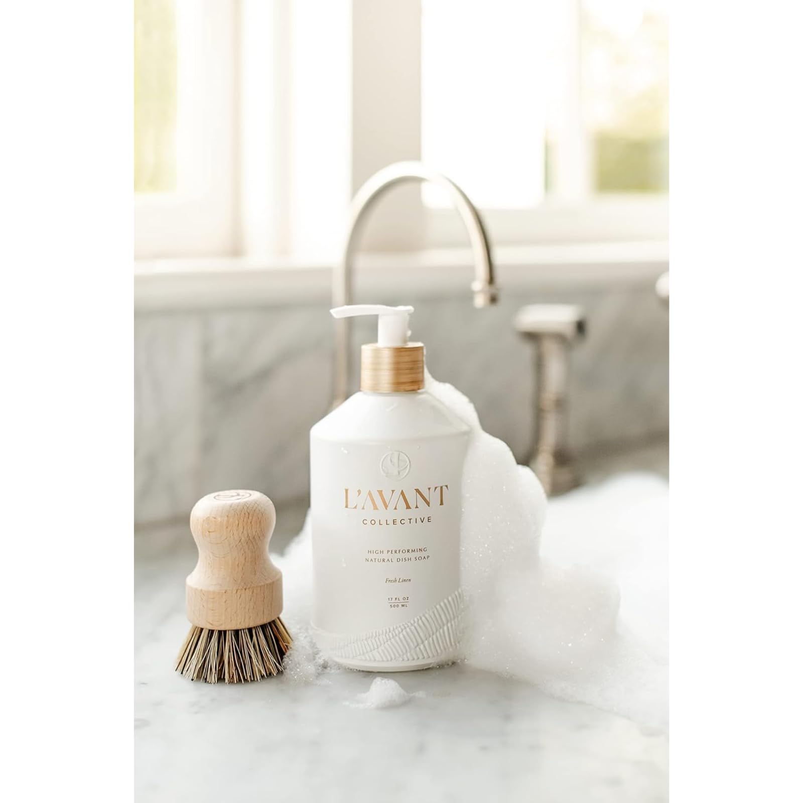 L'AVANT Collective Luxury Sink-Side Starter Bundle - Lucite Vanity Tray, Hand & Dish Soap, Hand Lotion in Reusable Glass Bottles & Bamboo Dish Scrubber | Elegant Kitchen & Bathroom Essentials | Perfect Hostess Gift Set (Fresh Linen Scent) for Home Spa, Bridal Shower & Housewarming Parties