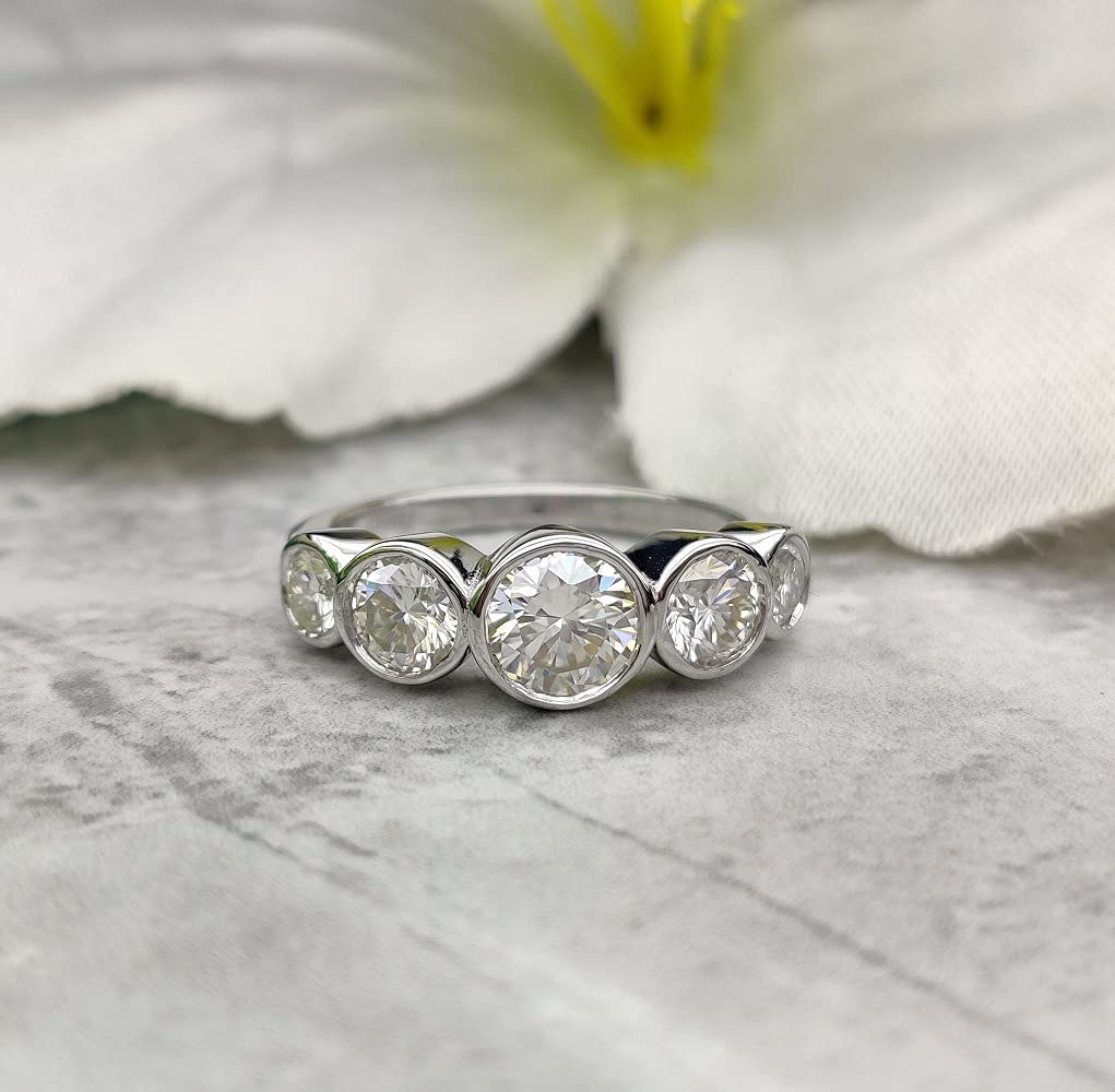 2.30 CT Round Colorless Moissanite Engagement Ring in 14K White Gold - Bezel Set Five Stone Wedding Band for Brides & Anniversaries | Perfect for Proposals, Vow Renewals & Special Occasions