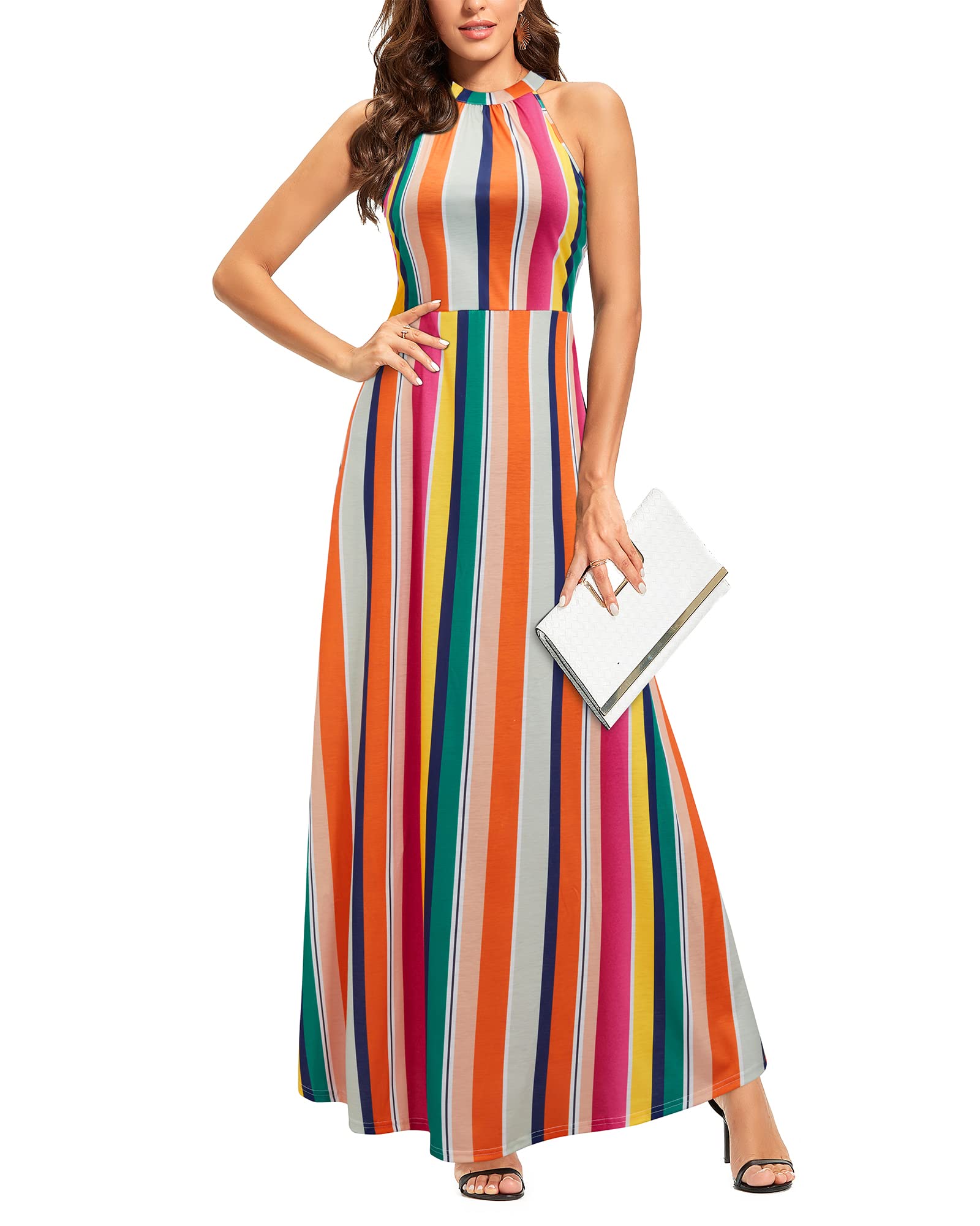 STYLEWORD Women's Summer 2025 Floral Maxi Dress - Halter Neck Elegant Long Formal Gown for Wedding Guest, Beach Party & Special Occasions