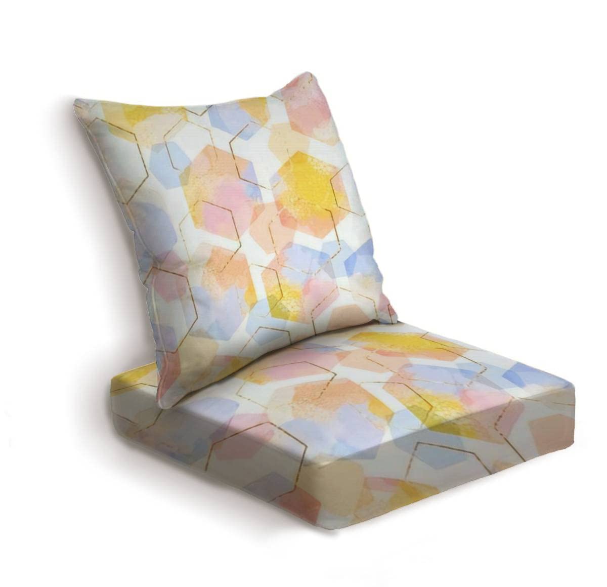 **Geometric Gold Foil Outdoor Deep Seat Cushions Set – All-Weather Waterproof Patio Furniture Cushions for Sofa, Chair & Lounge – Pastel Watercolor Design – Perfect for Backyard, Poolside & Garden Relaxation**
