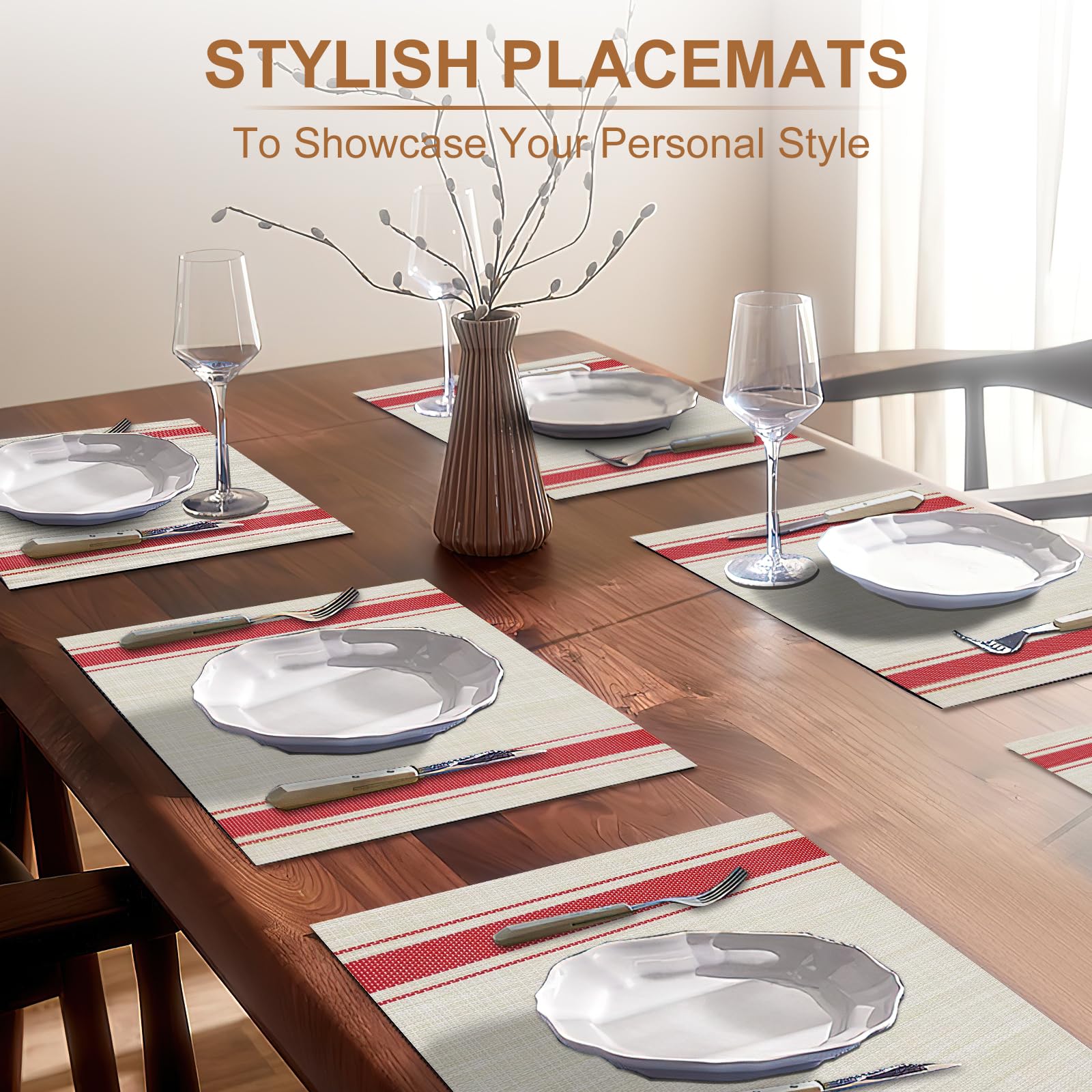 Boho Woven Placemats Set of 6 - Waterproof Vinyl Table Mats for Dining, Indoor & Outdoor Use - Red Lines Design for Kitchen, Patio, and Party Decor