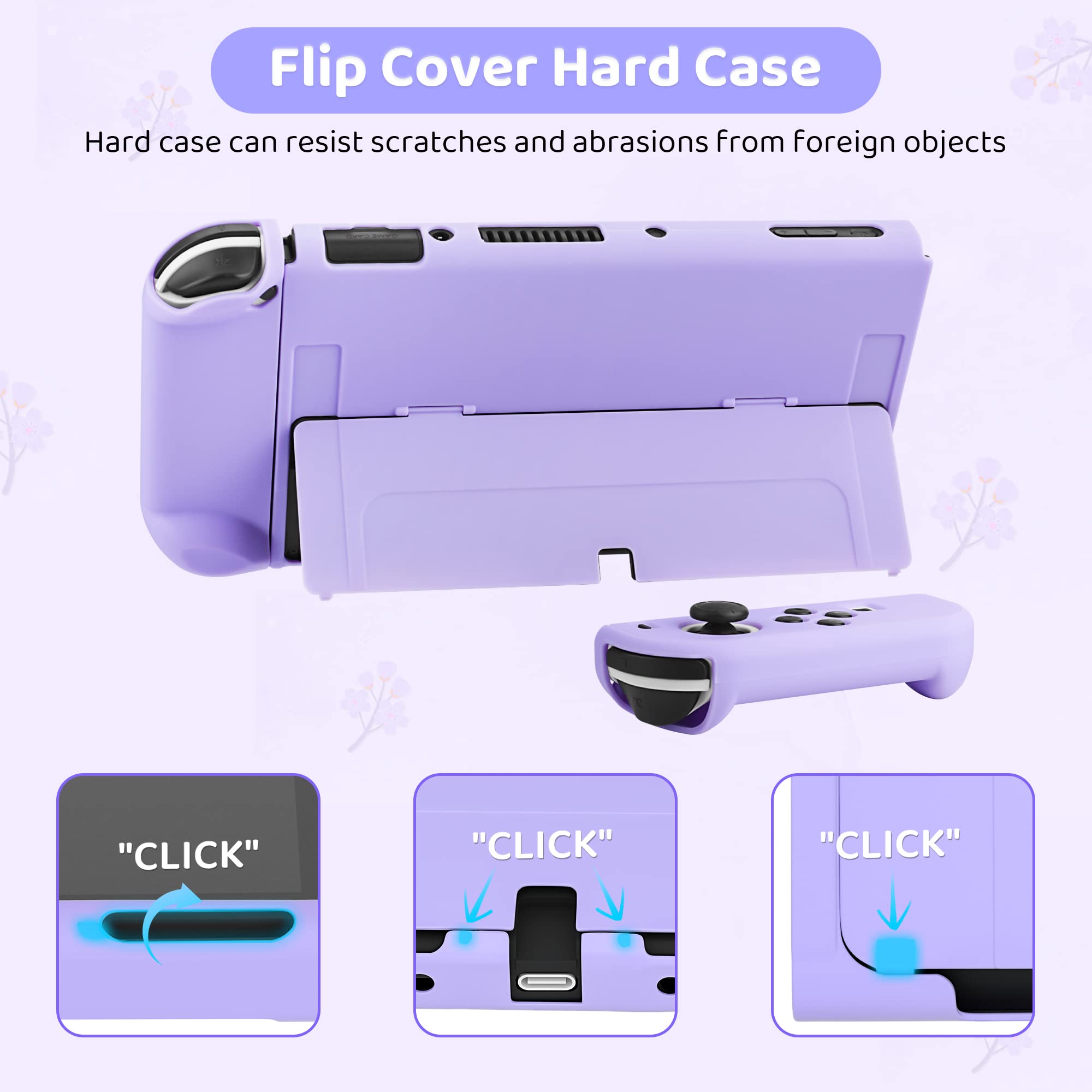 **FUNDIARY Purple Travel Carrying Case for Nintendo Switch OLED – Sakura Design Portable Accessories Kit with Slim Storage Bag, Dockable PC Skin Case, Screen Protector, Shoulder Strap & 4 Thumb Caps – Perfect for Gaming on the Go, Travel, and Home Use**
