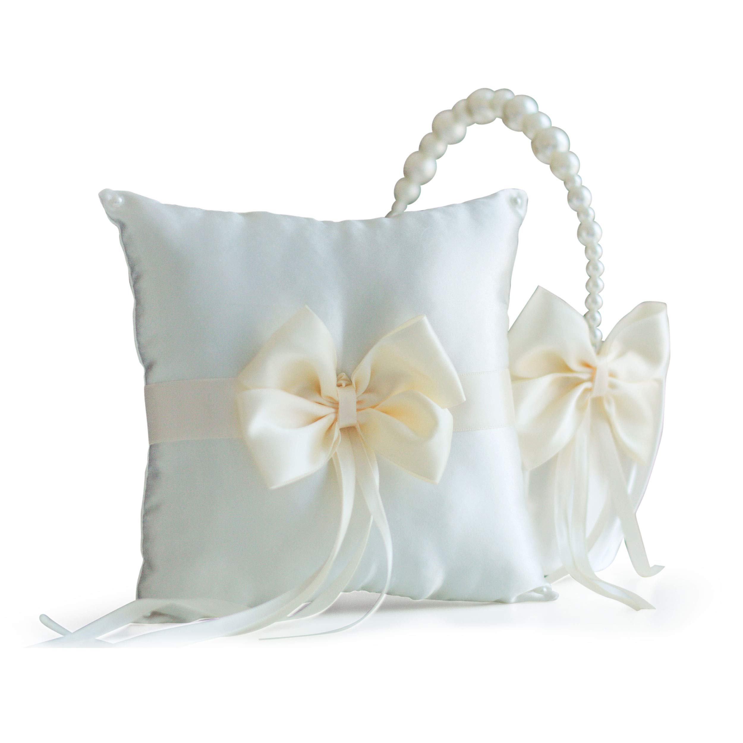 Ivory Flower Girl Basket and Ring Bearer Pillow Set - Elegant Wedding Basket with Pearl Handle & Ring Pillow for Bridal Ceremony, Perfect for Flower Girls and Ring Bearers in Weddings