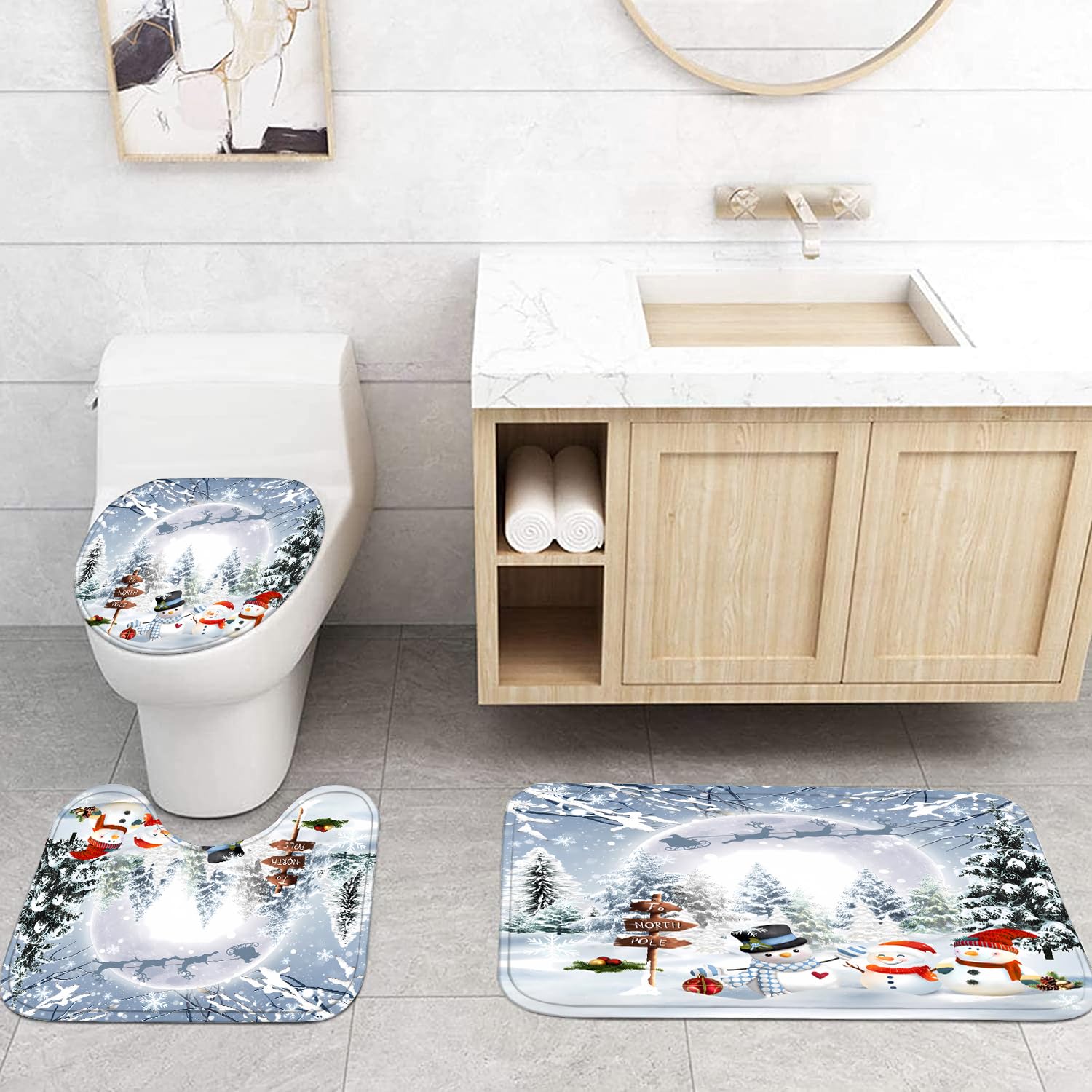 70x70 Inch Christmas Snowman Shower Curtain Set - Waterproof Holiday Bathroom Decor with Matching Rugs (4-Piece) for Winter & Xmas Bathroom Decoration | Perfect for Festive Home Decor & Gift Giving