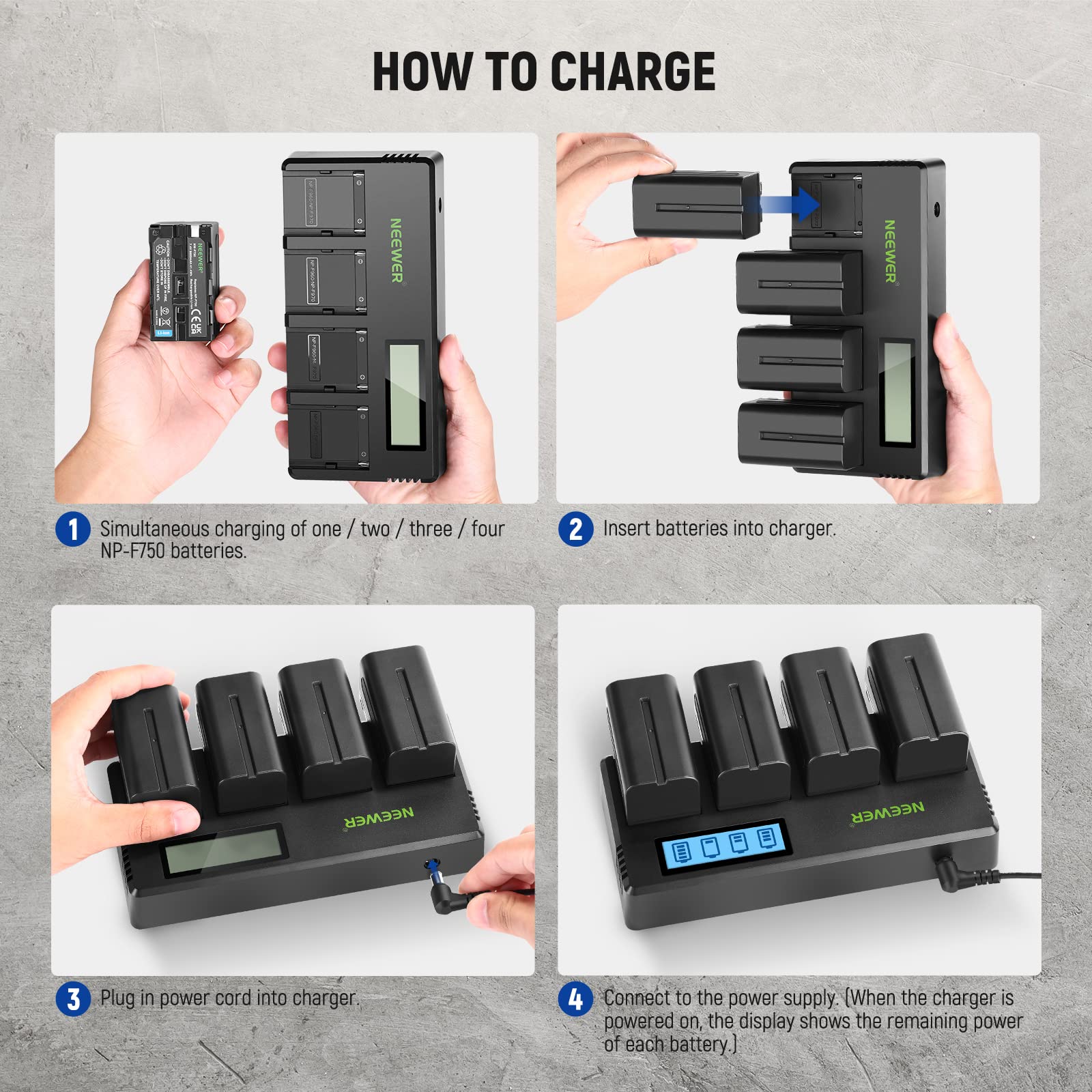 Neewer 4-Pack NP-F750 Replacement Batteries 7.4V 5600mAh with 4-Channel Charger & Adapter - Compatible with Sony NP-F550/750/770/970, FM500H, QM71D, QM91D - Power Camera Field Monitors, Video Lights & DSLR Equipment