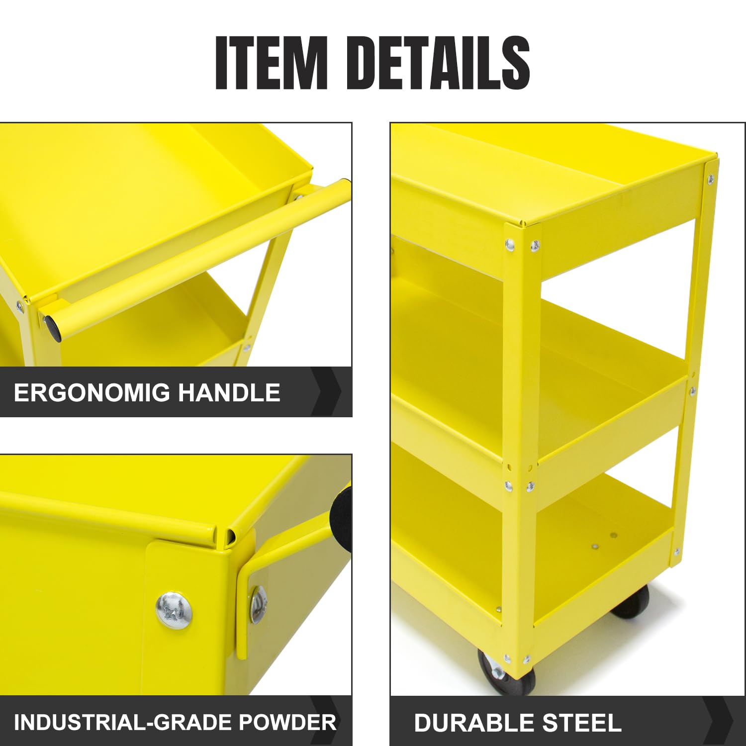 30in Large Steel Service Cart with Wheels - Heavy Duty 3-Tier Metal Utility Cart - 400 lbs Capacity Rolling Tool Cart for Workshop, Garage & Industrial Use - Yellow