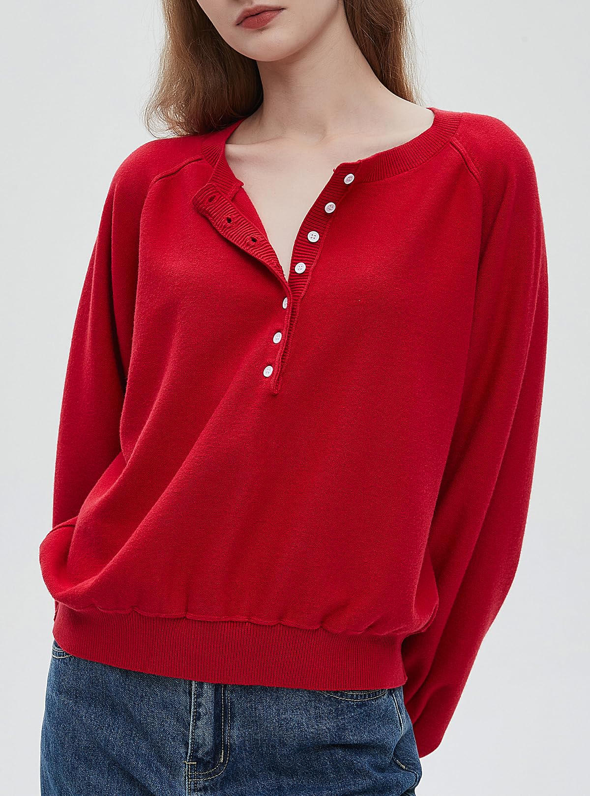 Ladyful Women's Long Sleeve Henley Sweatshirt - Button Up V Neck Pullover Sweater - Loose Cropped Casual Tops for Fall & Winter | Perfect for Work, Date Night & Weekend Outfits
