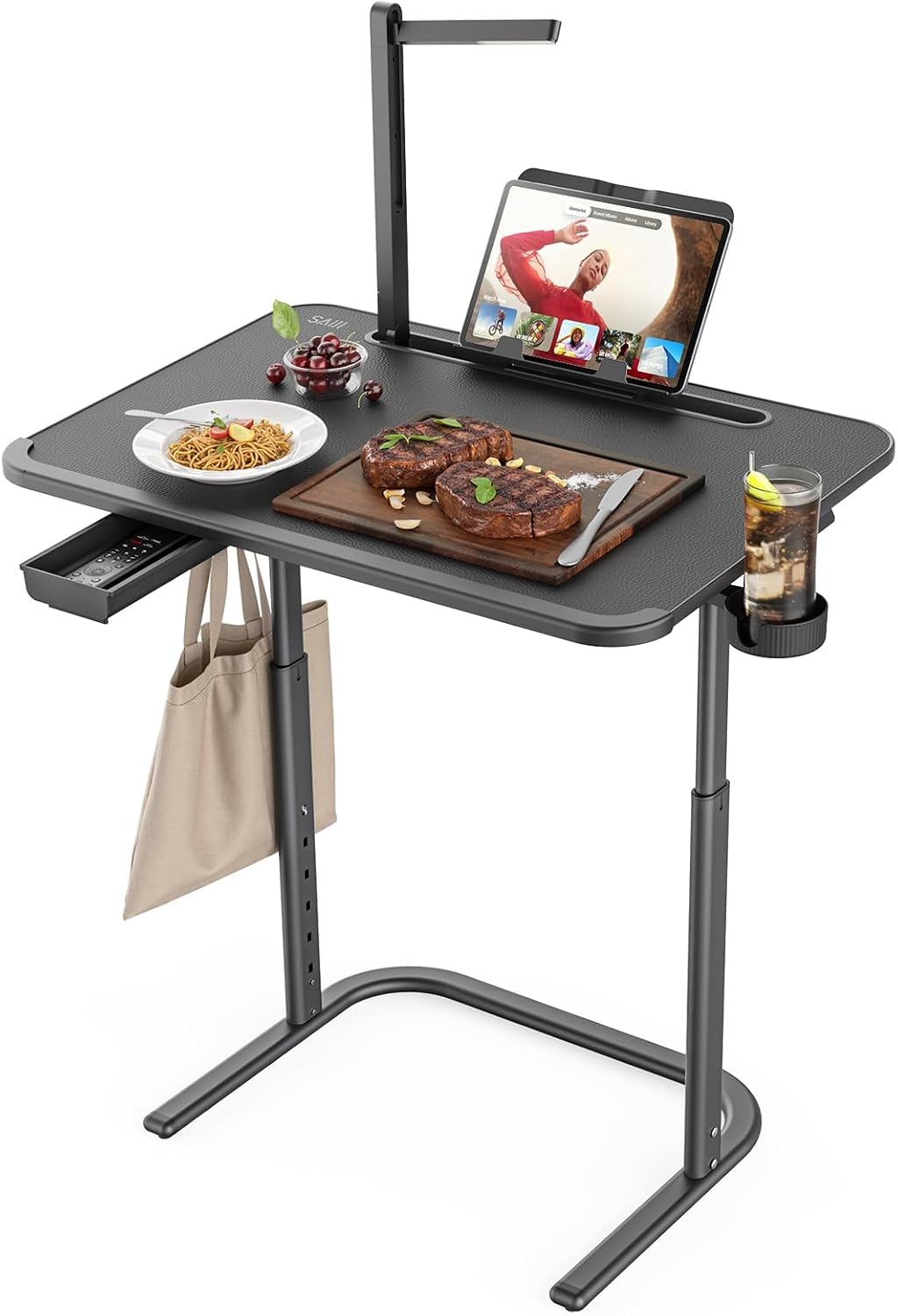 SAIJI Adjustable LED TV Tray Table - Height & Tilt Adjustable Heavy Duty Side Table for Bedroom, Living Room & Small Spaces - Multipurpose Workstation with Wheels for Sofa, Bedside & Office Use