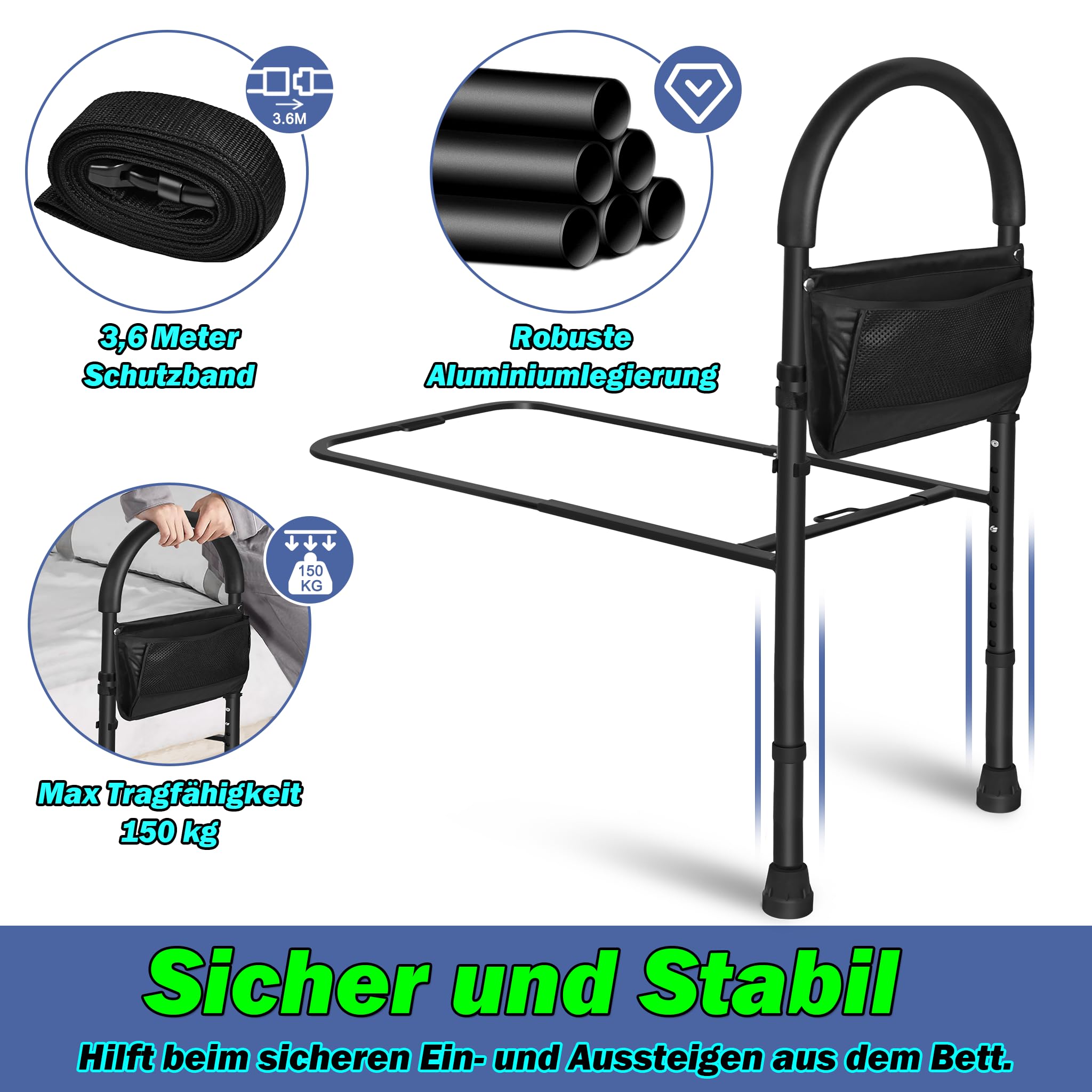 Adjustable Bed Assist Rail for Seniors - Height Adjustable Safety Handles, Elderly Mobility Aid for Getting In & Out of Bed - Ideal for Home Care, Nursing Homes & Daily Living Assistance