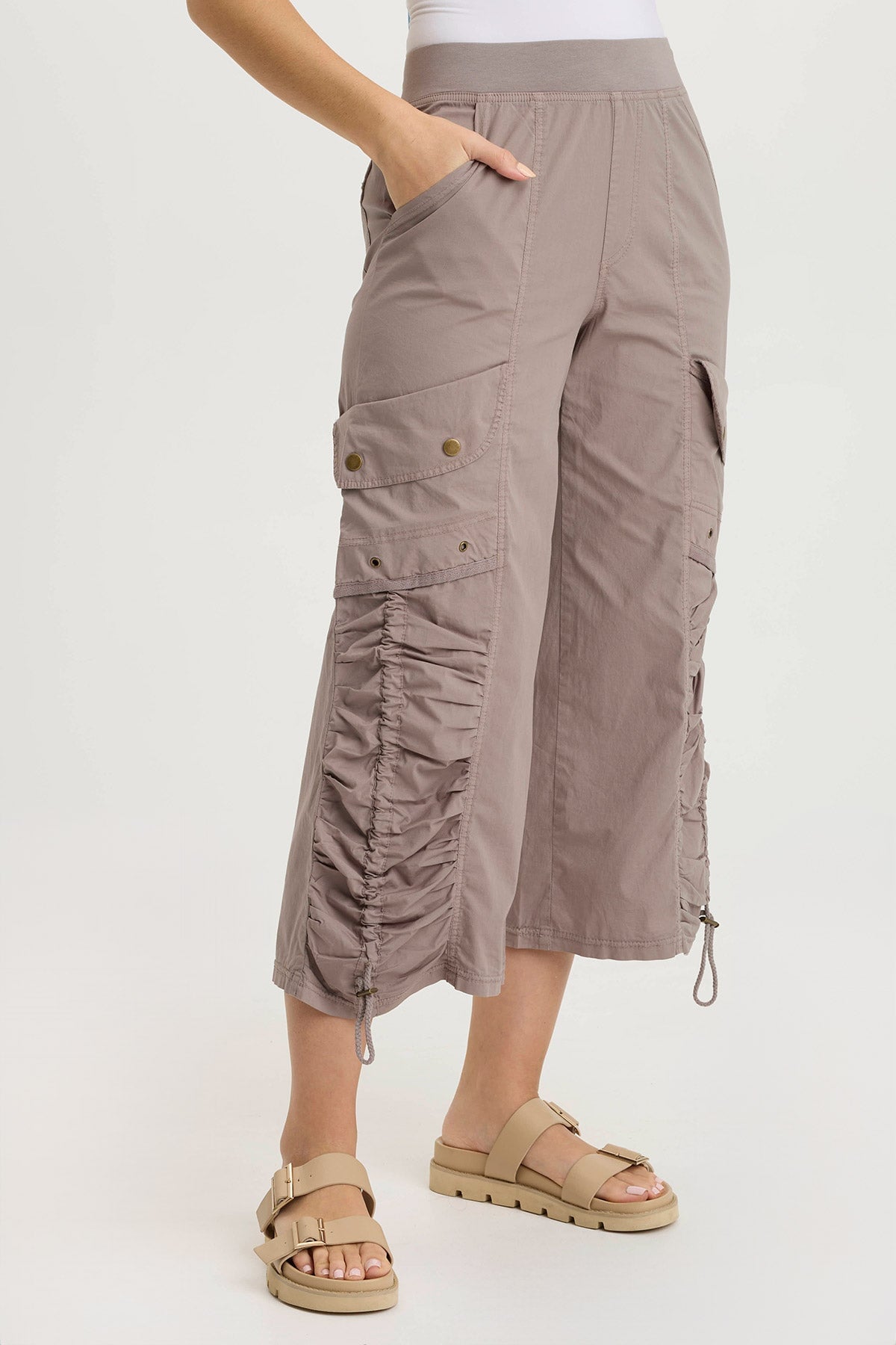 Muldoon Women's Poplin Ruched Wide Leg Crop Pants - High Waisted Casual Trousers for Summer, Office & Travel