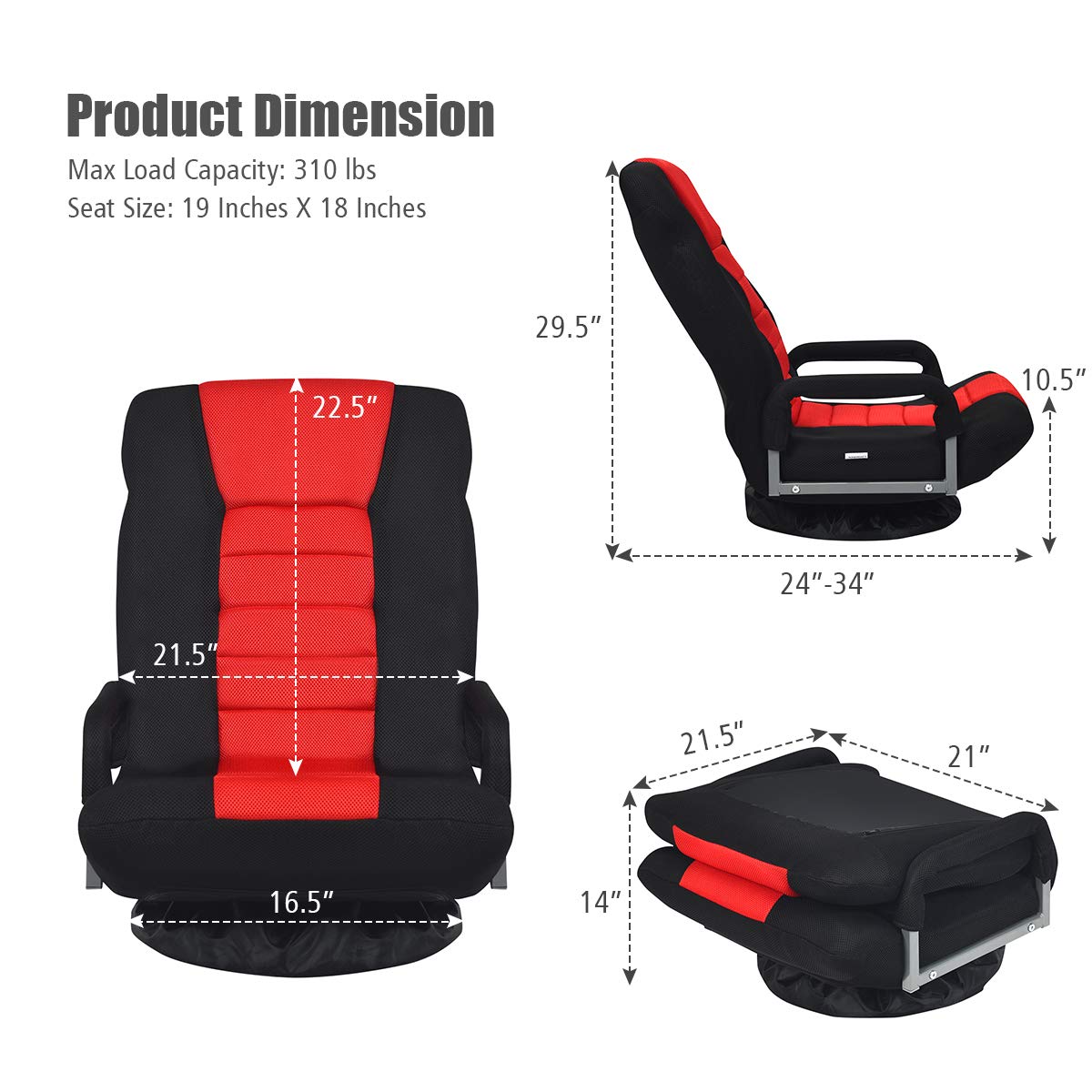 Giantex 360 Degree Swivel Floor Chair - Adjustable Backrest with Lumbar Support & Armrests, Foldable Lazy Sofa Rocker for Living Room, Bedroom, TV Watching, Reading & Gaming (Black/Red) - Comfortable Floor Seating for Small Spaces & Relaxation