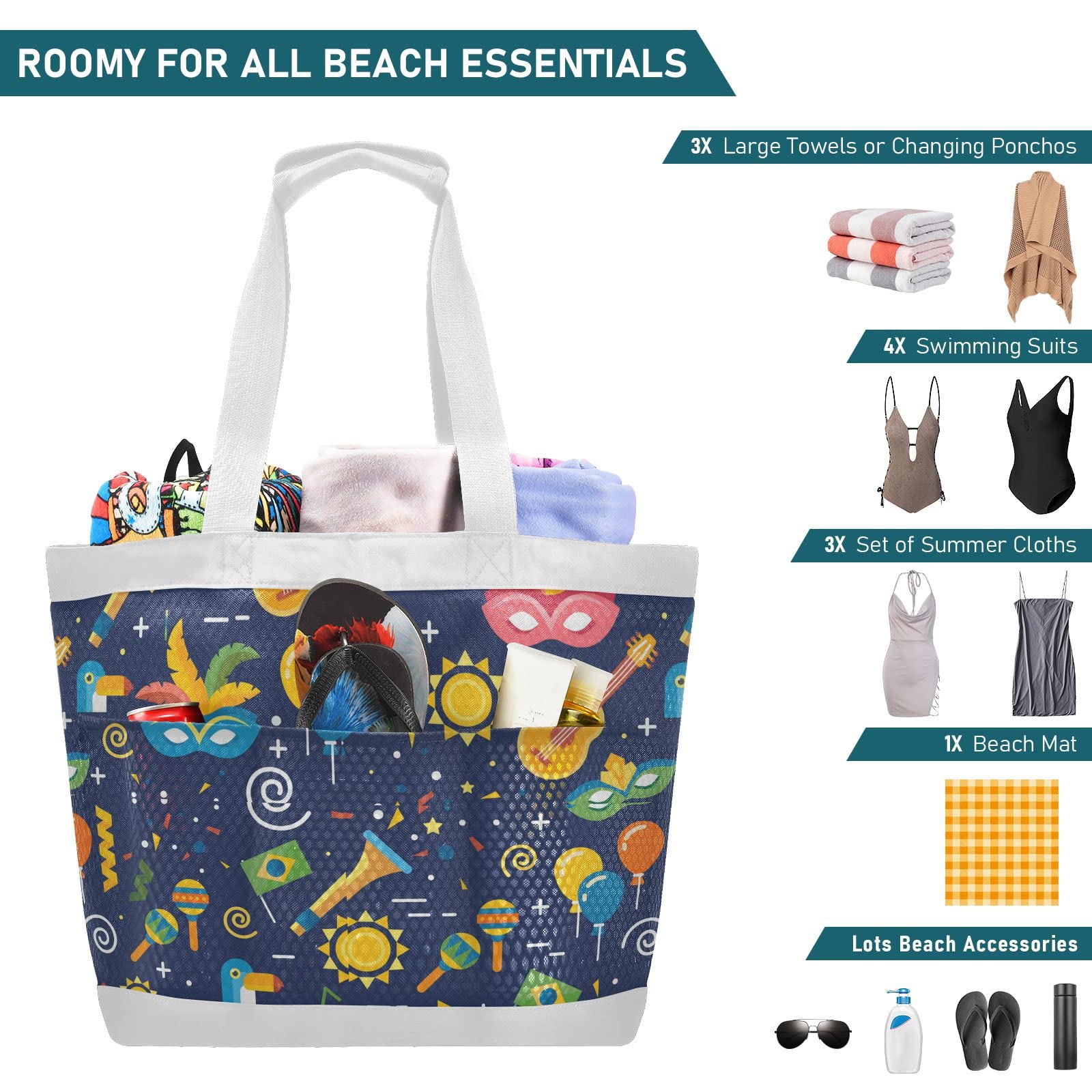 J JOYSAY Brazil Carnival Mesh Beach Tote Bag - Large Waterproof Shoulder Bag for Women, Reusable Grocery & Shopping Bag - Perfect for Beach Vacations, Pool Parties & Summer Essentials
